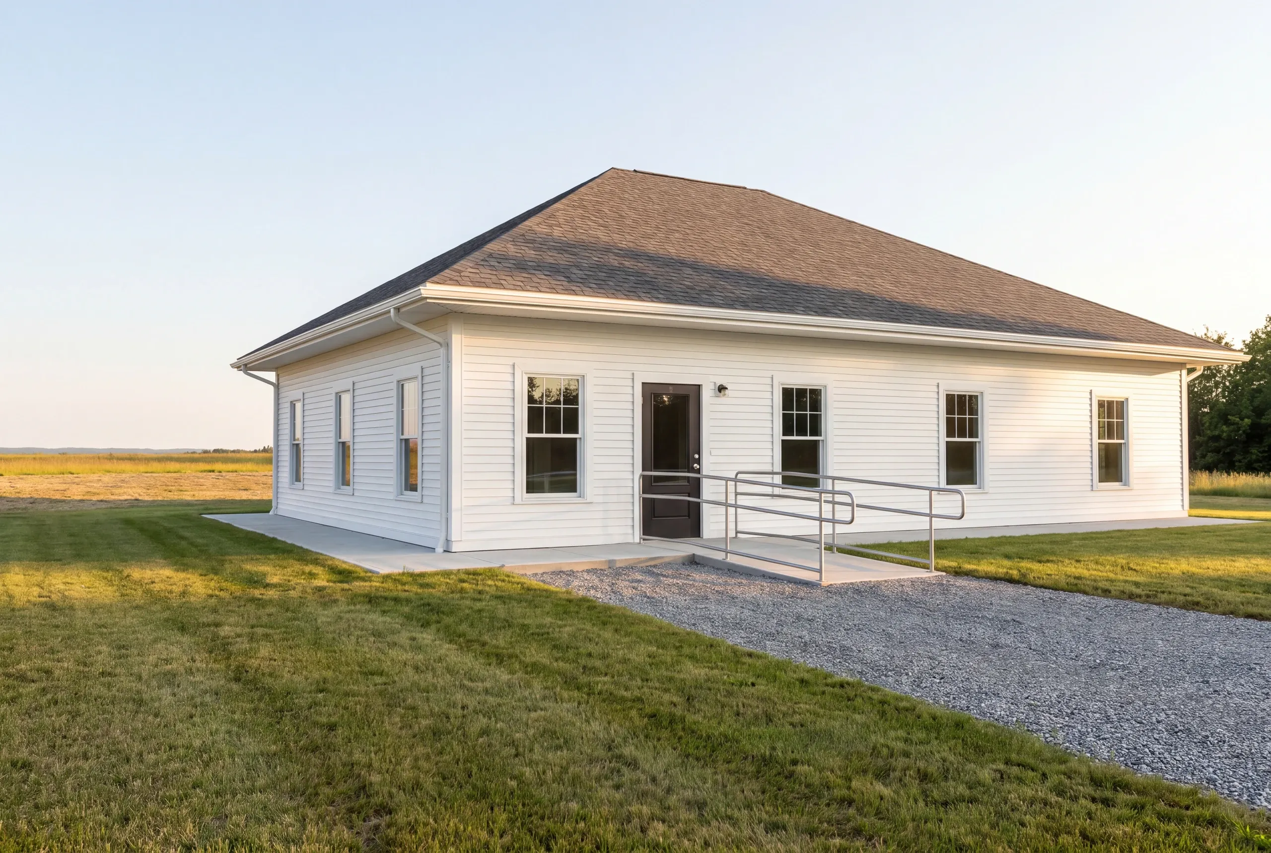 Finished light commercial building in Augusta, Maine, wide view