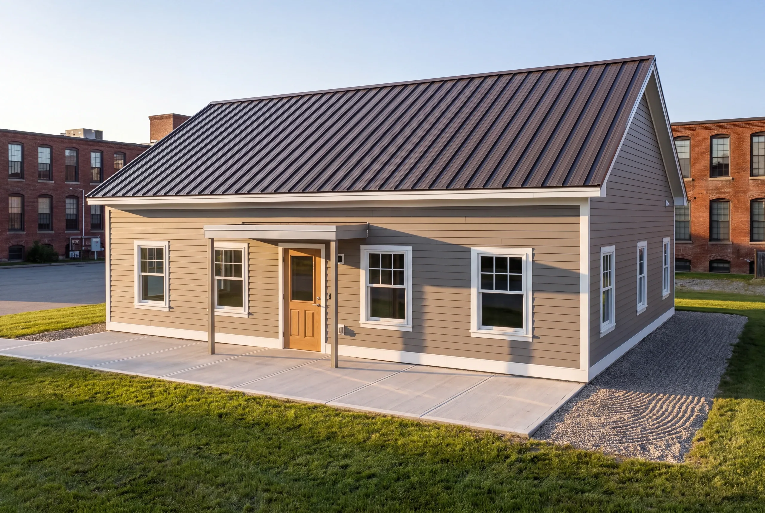 Finished light commercial building in Waterville, Maine, wide view