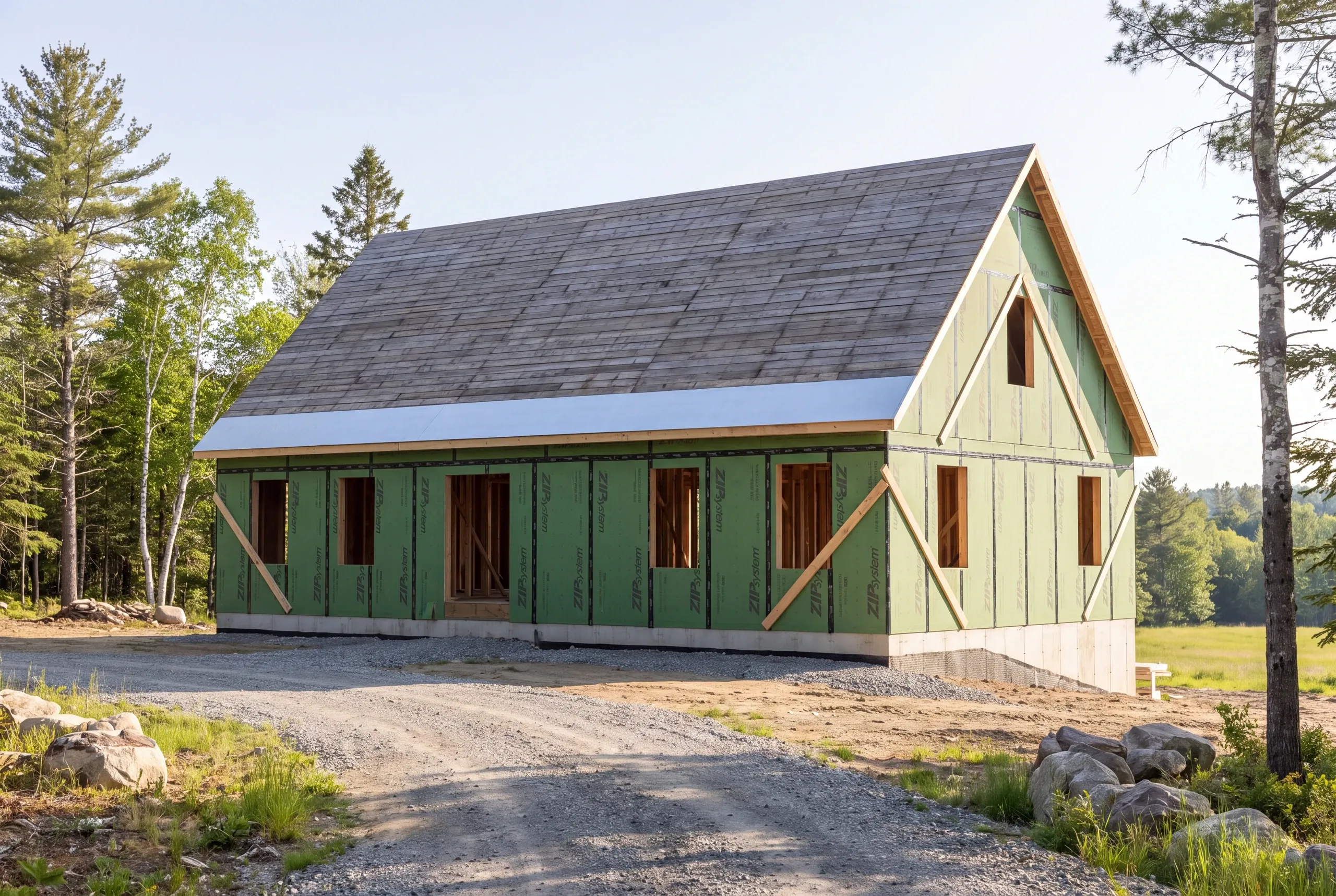 Custom home builder Alna, ME crew framing a new cape on rural land above the Sheepscot River