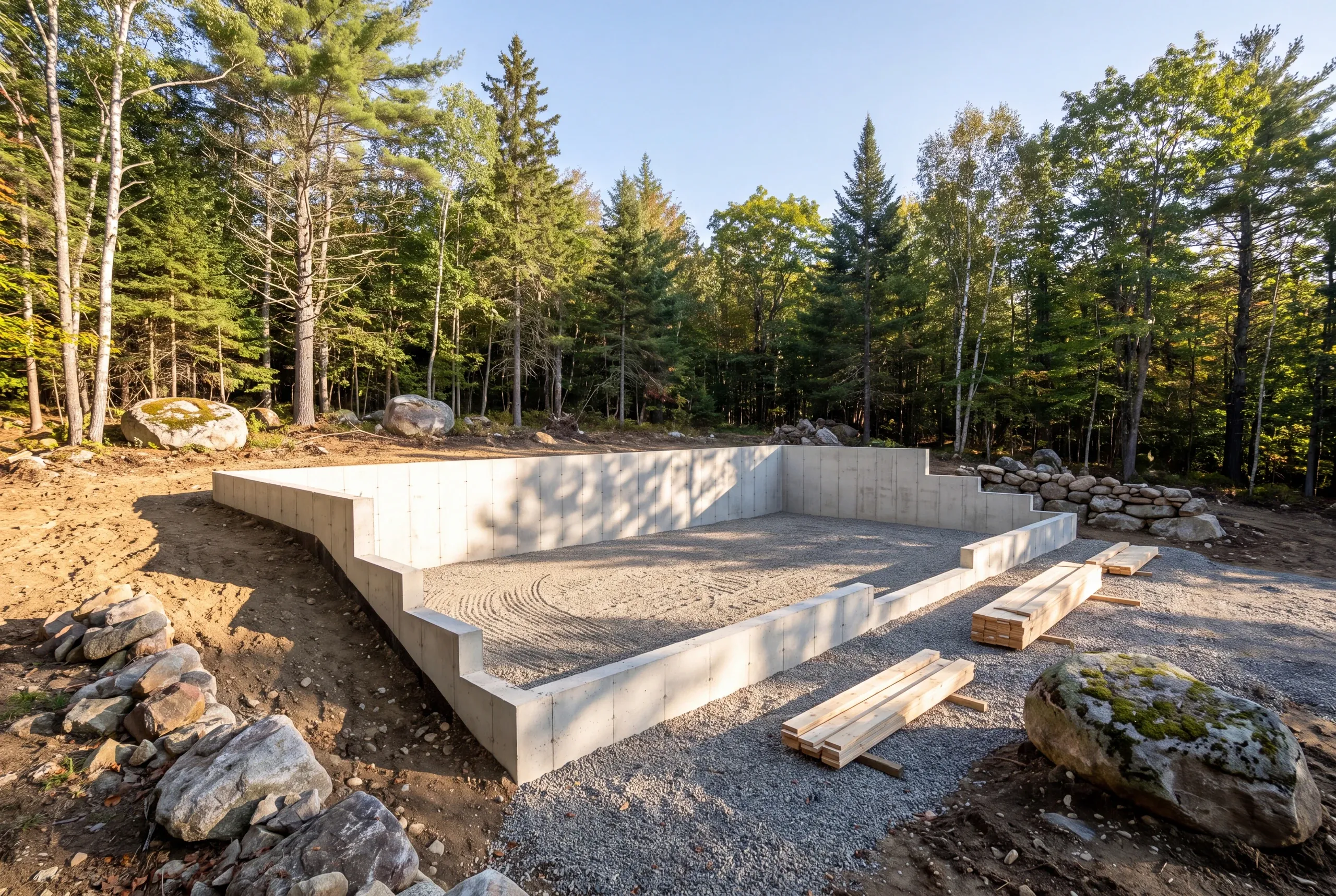 Foundation work underway on a wooded parcel near Head Tide Village in Alna