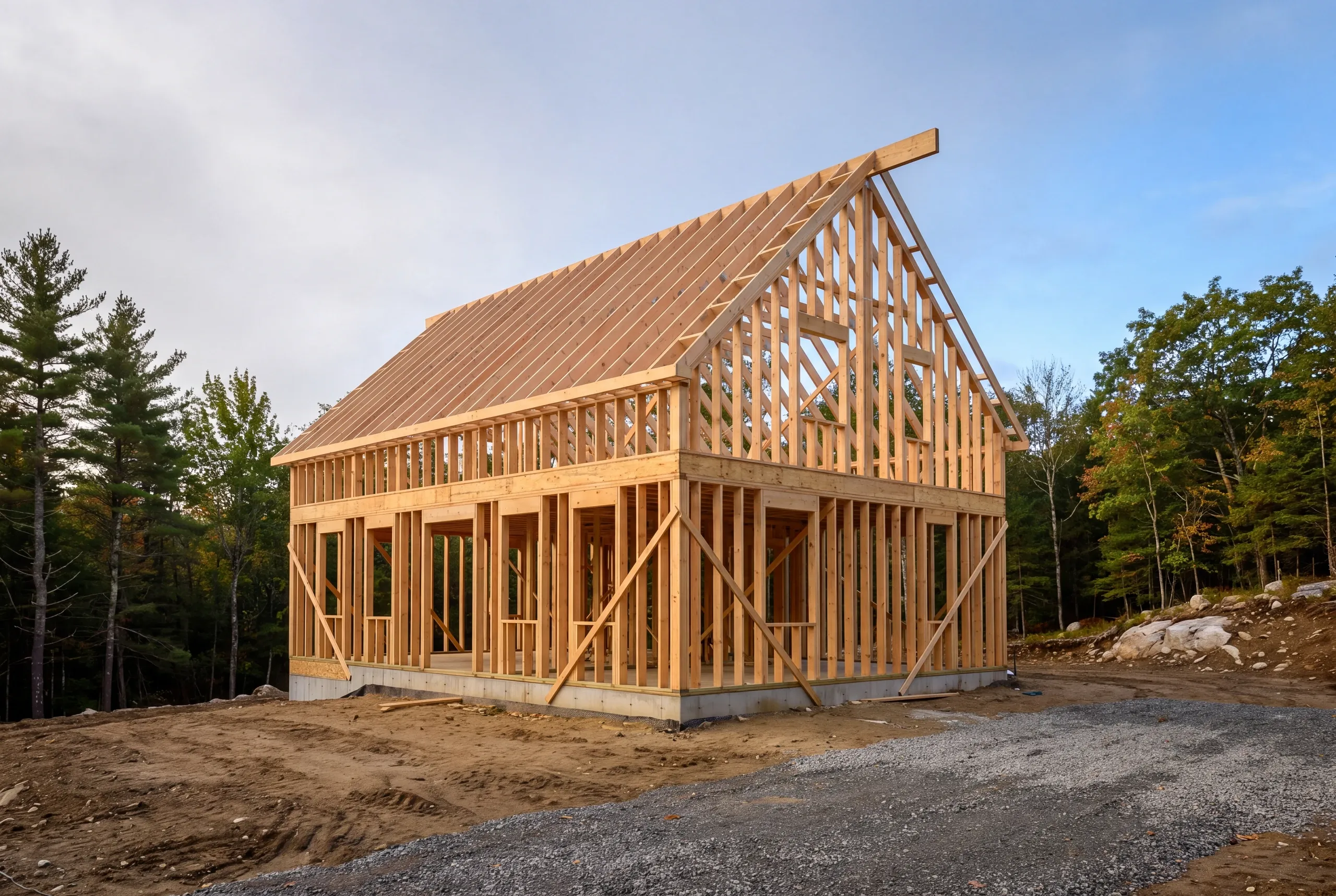 Builder and homeowners reviewing massing and rooflines on an Alna building site