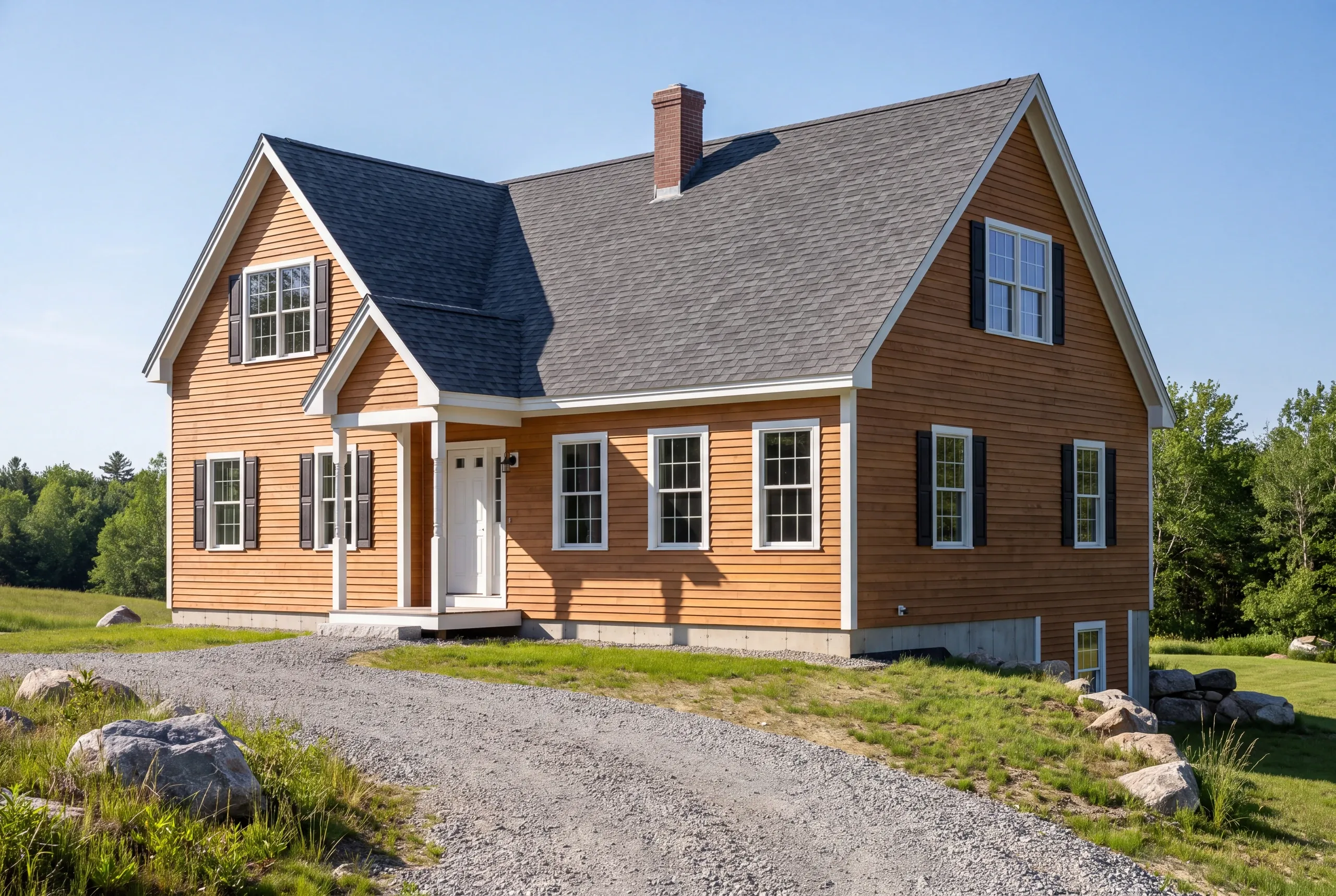 New cape with traditional proportions and clapboard siding completed in Alna, Maine
