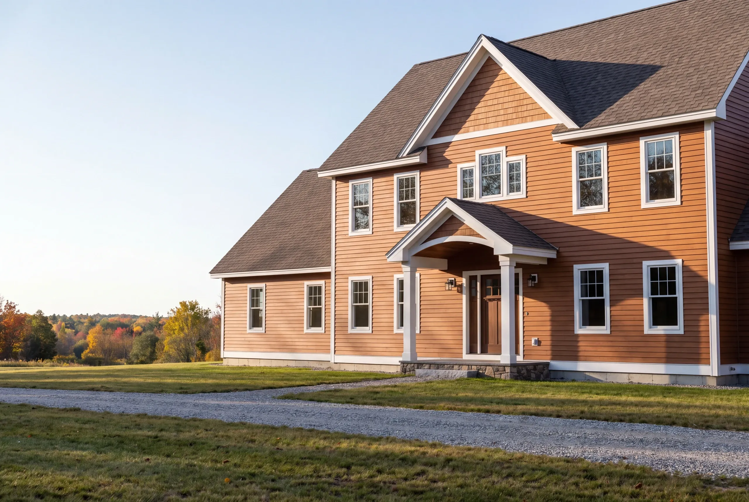 Finished custom home in Alna, Maine, wide view