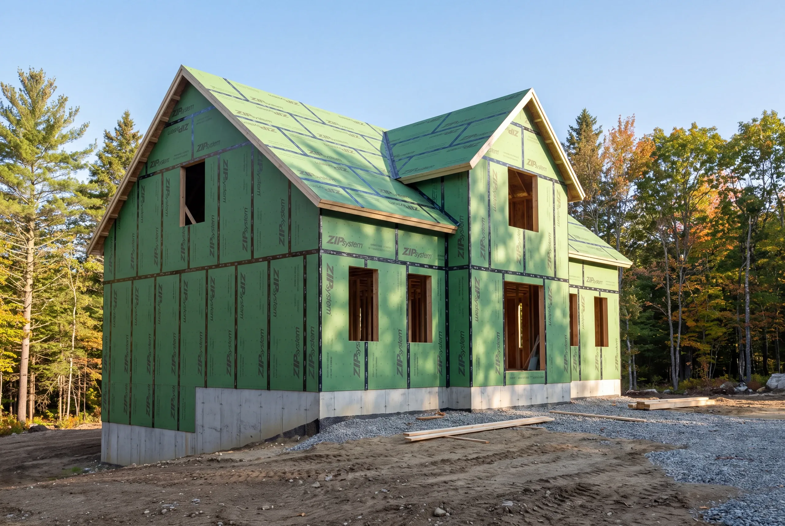 Custom home builder Auburn, ME crew framing a new house on rural land west of the city
