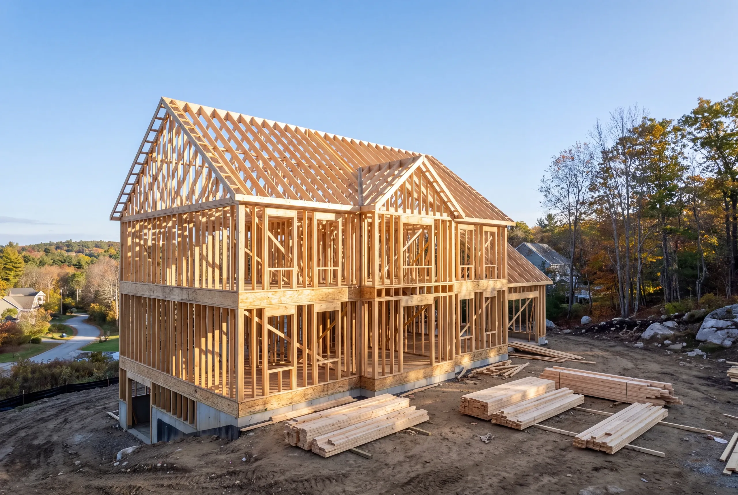 Builder and homeowners walking a hillside parcel in Auburn, Maine
