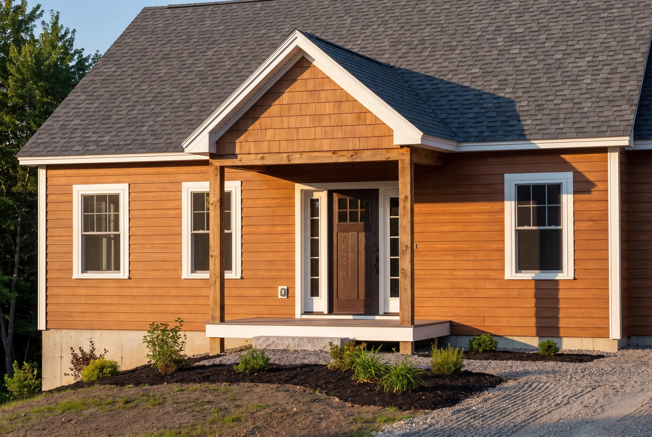 Finished front entry and covered porch of a new Auburn home