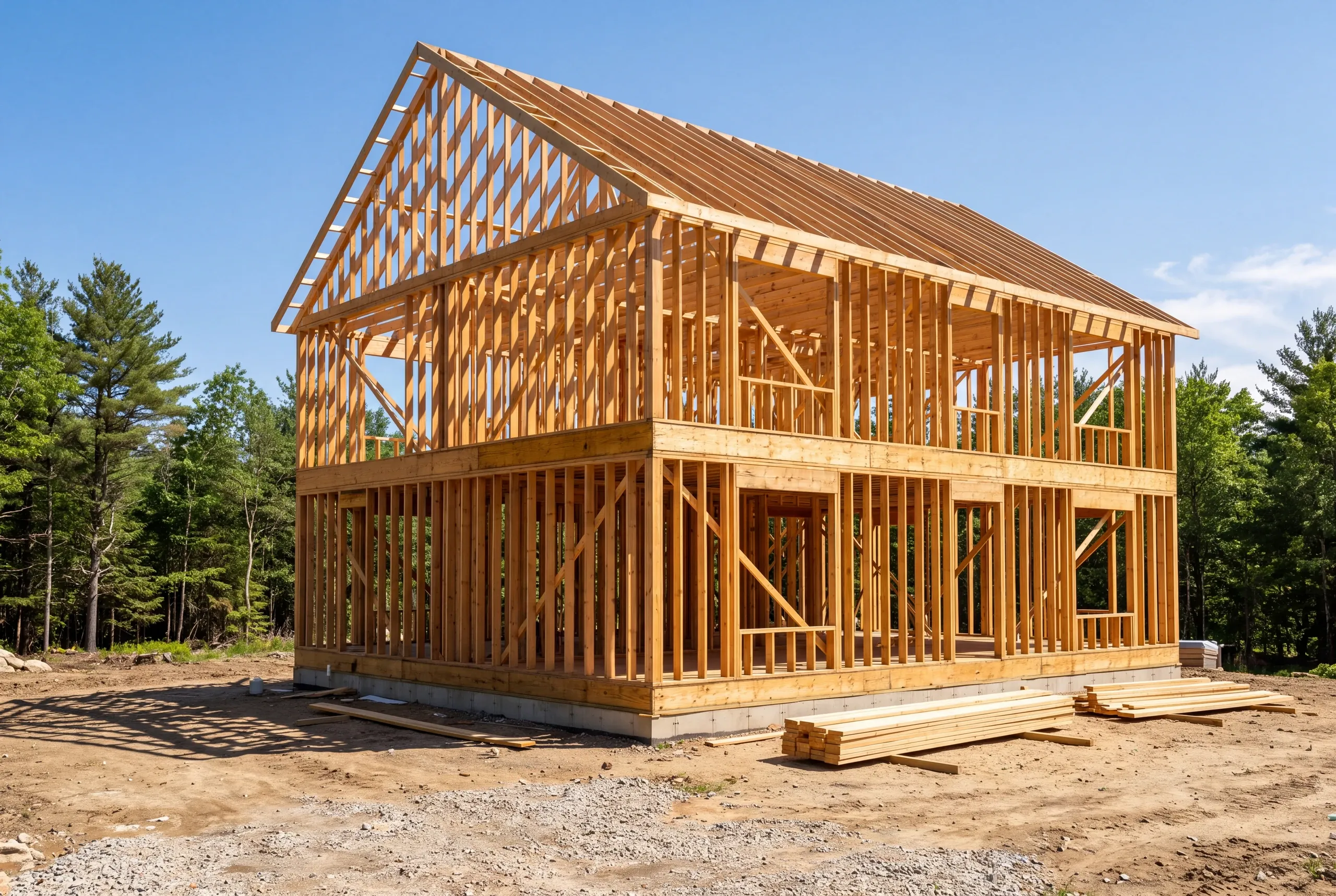 Custom home builder Augusta, ME crew framing a two-story house on a cleared Kennebec County lot