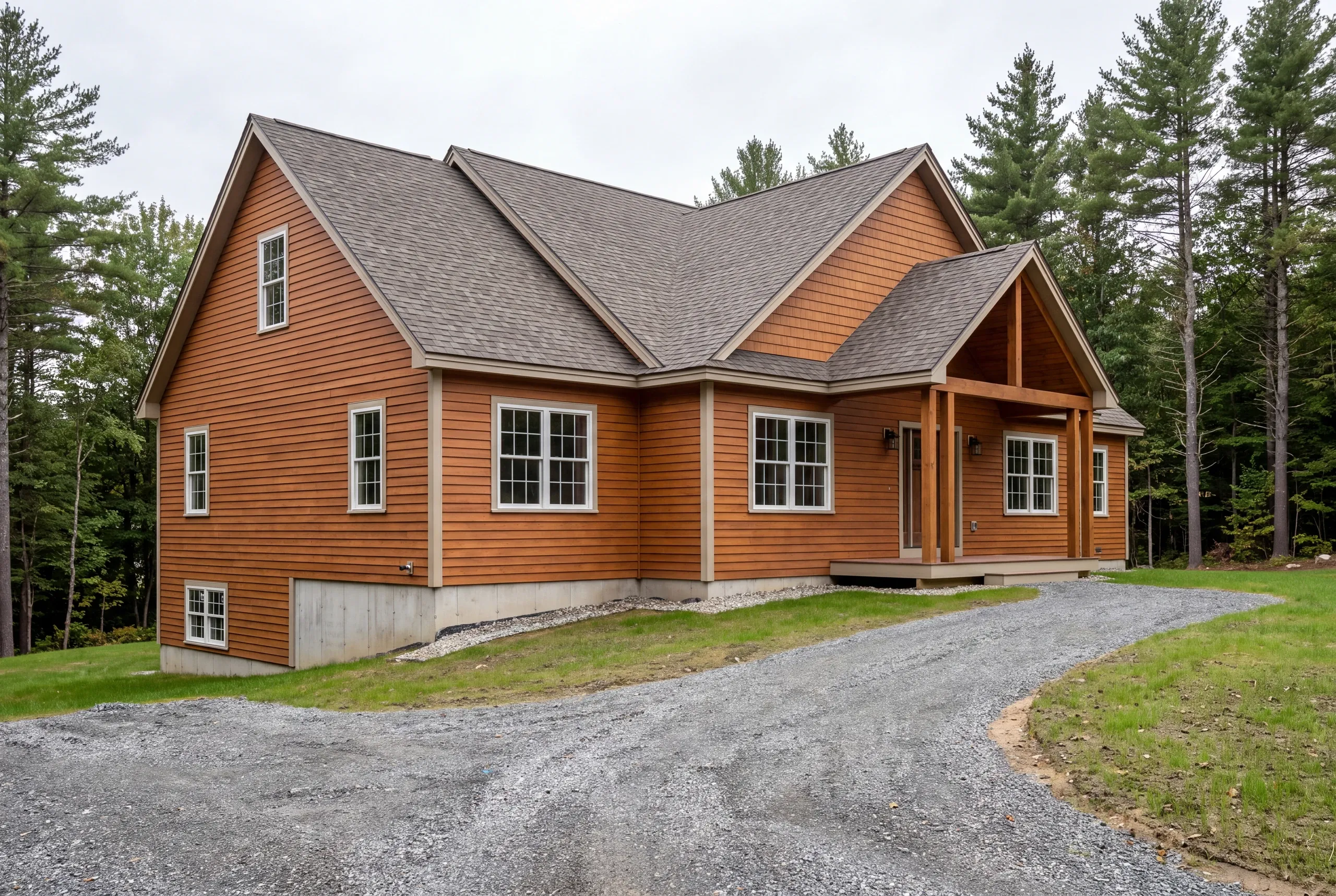 Poured frost wall foundation with drainage stone on a sloped building lot outside Augusta