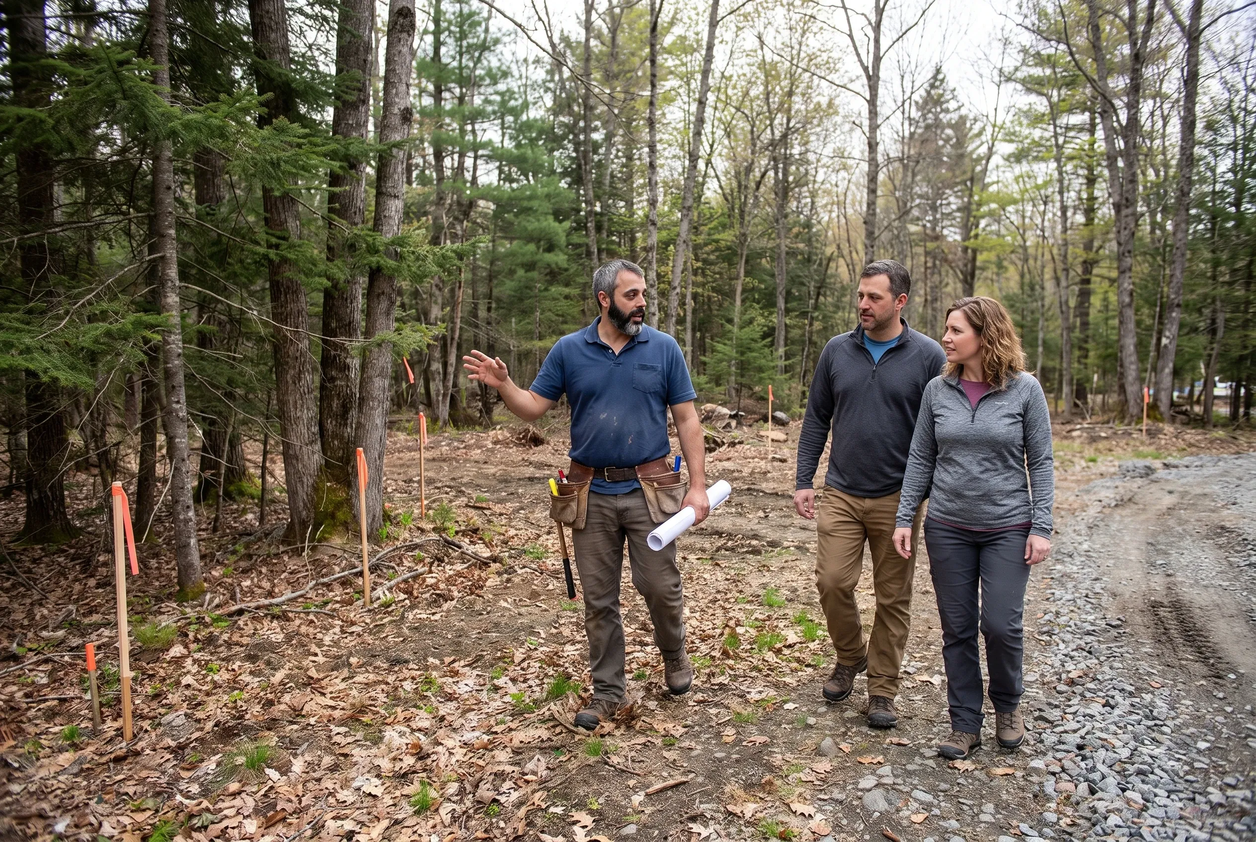 Brandon Roberge walking a wooded Augusta building lot with homeowners before excavation
