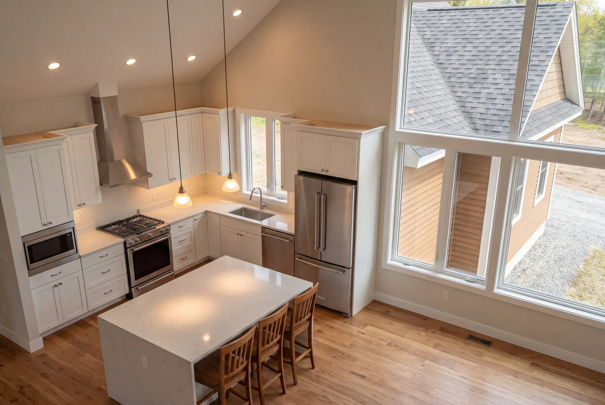 Finished kitchen and open living area in a newly built Augusta home with morning light
