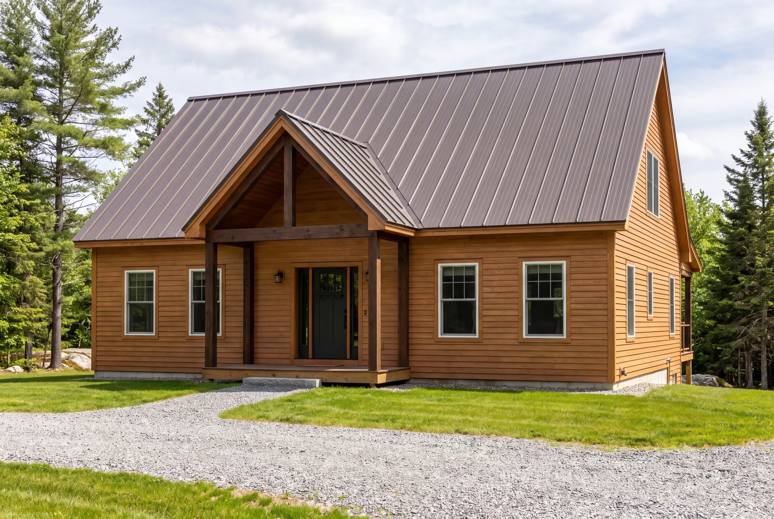 Standing seam metal roof and covered entry porch on a completed Central Maine custom home