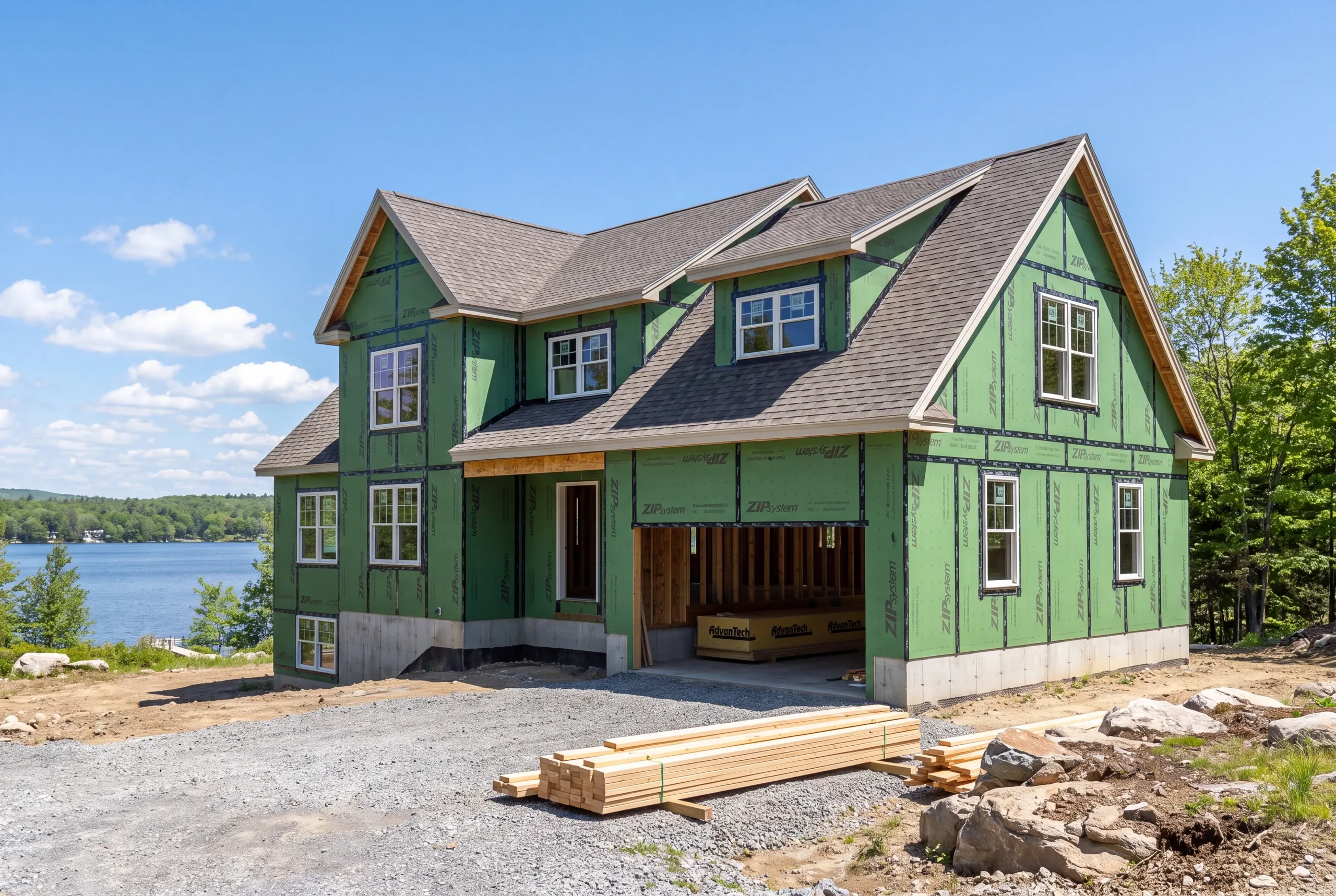 Custom home builder Belgrade, ME crew framing a year-round house above Great Pond