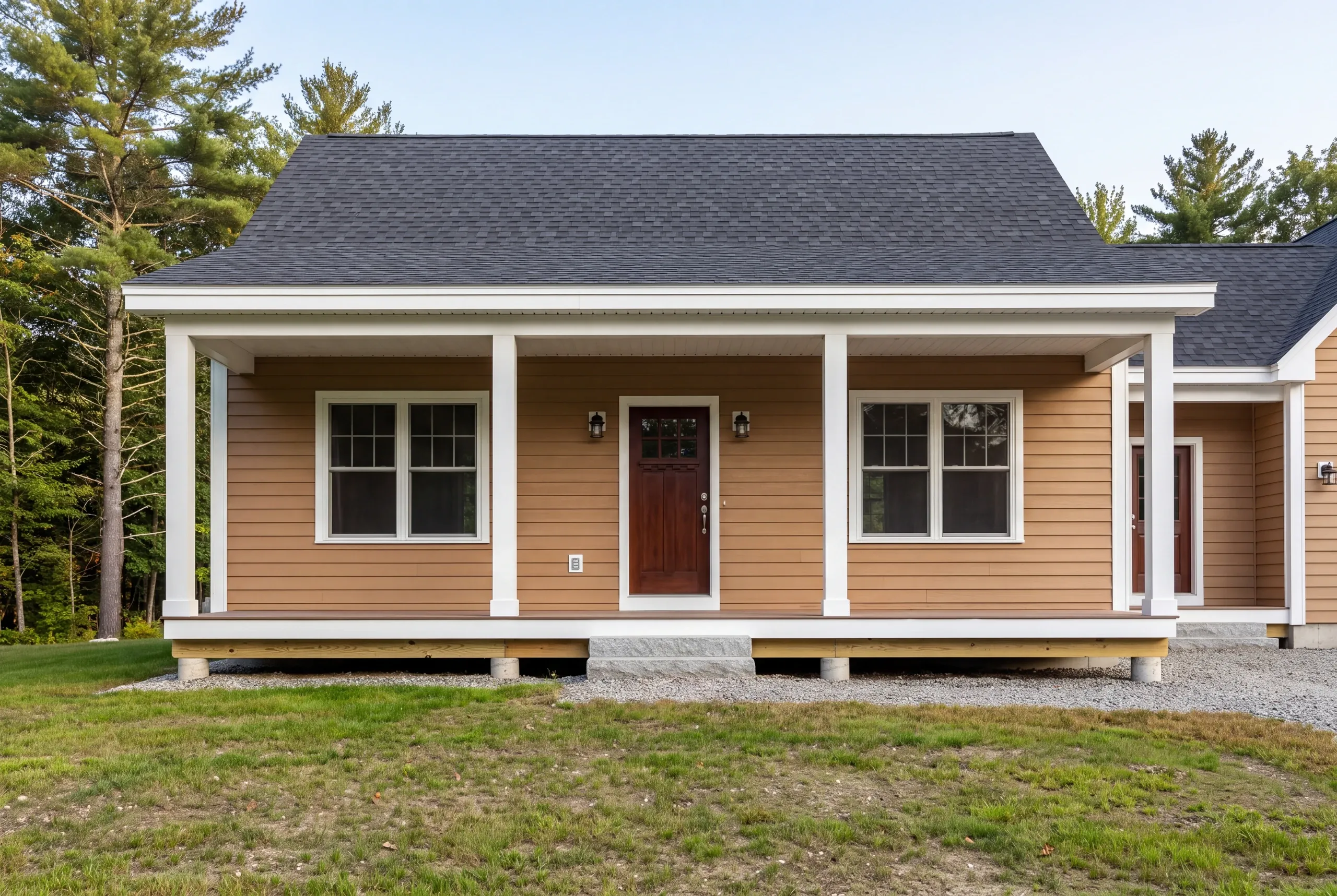 Finished front entry and covered porch of a new Belgrade home