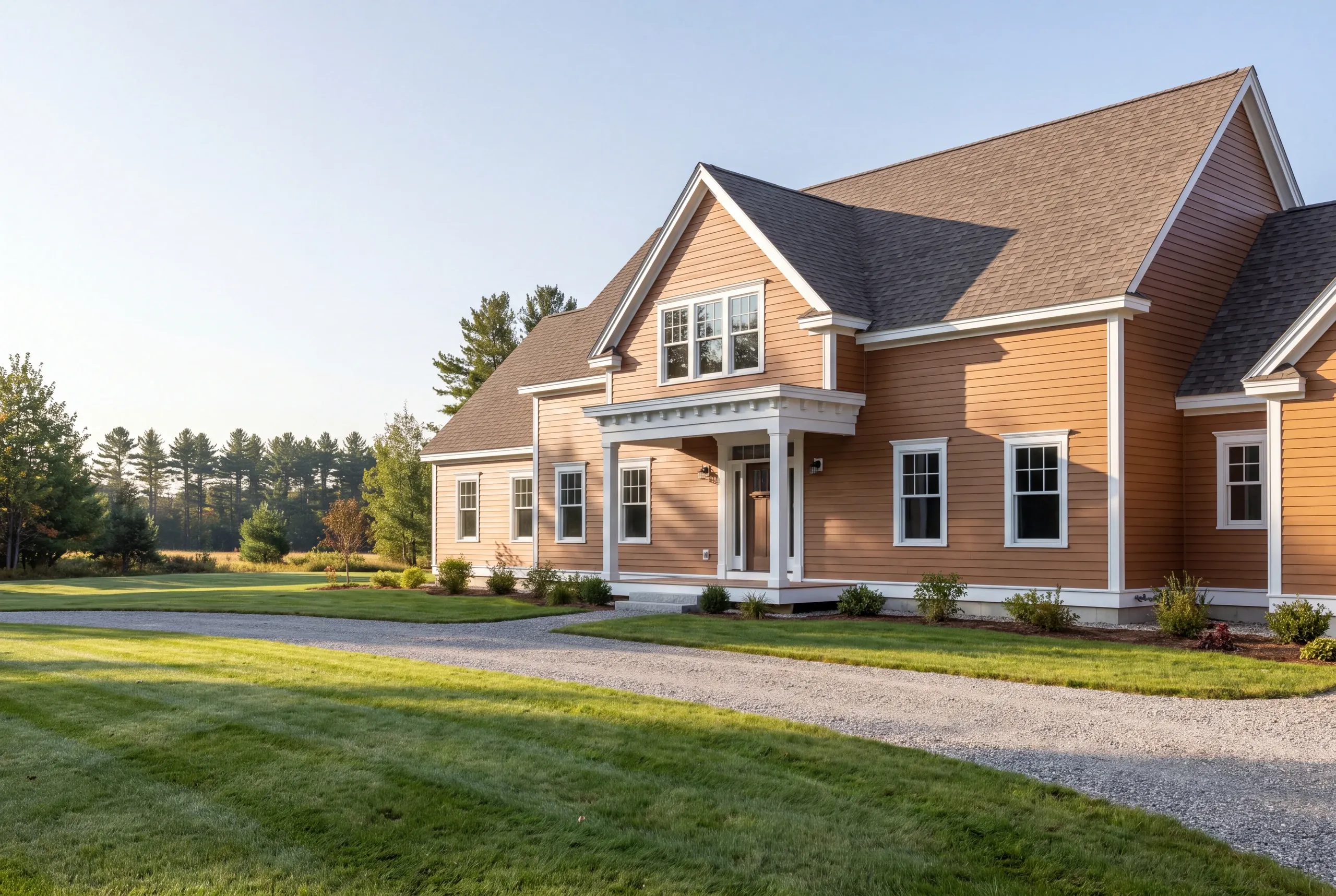 Finished custom home in Belgrade, Maine, wide view