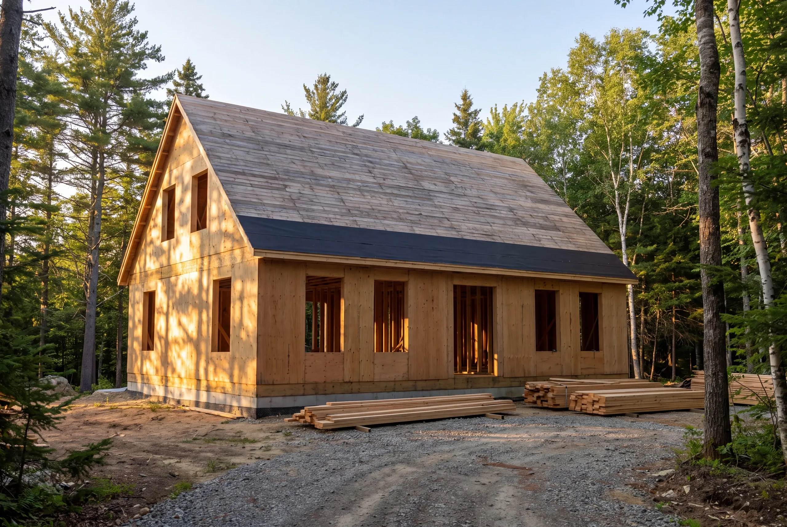 Custom home builder Brunswick, ME crew framing a new house on a wooded lot toward Mere Point