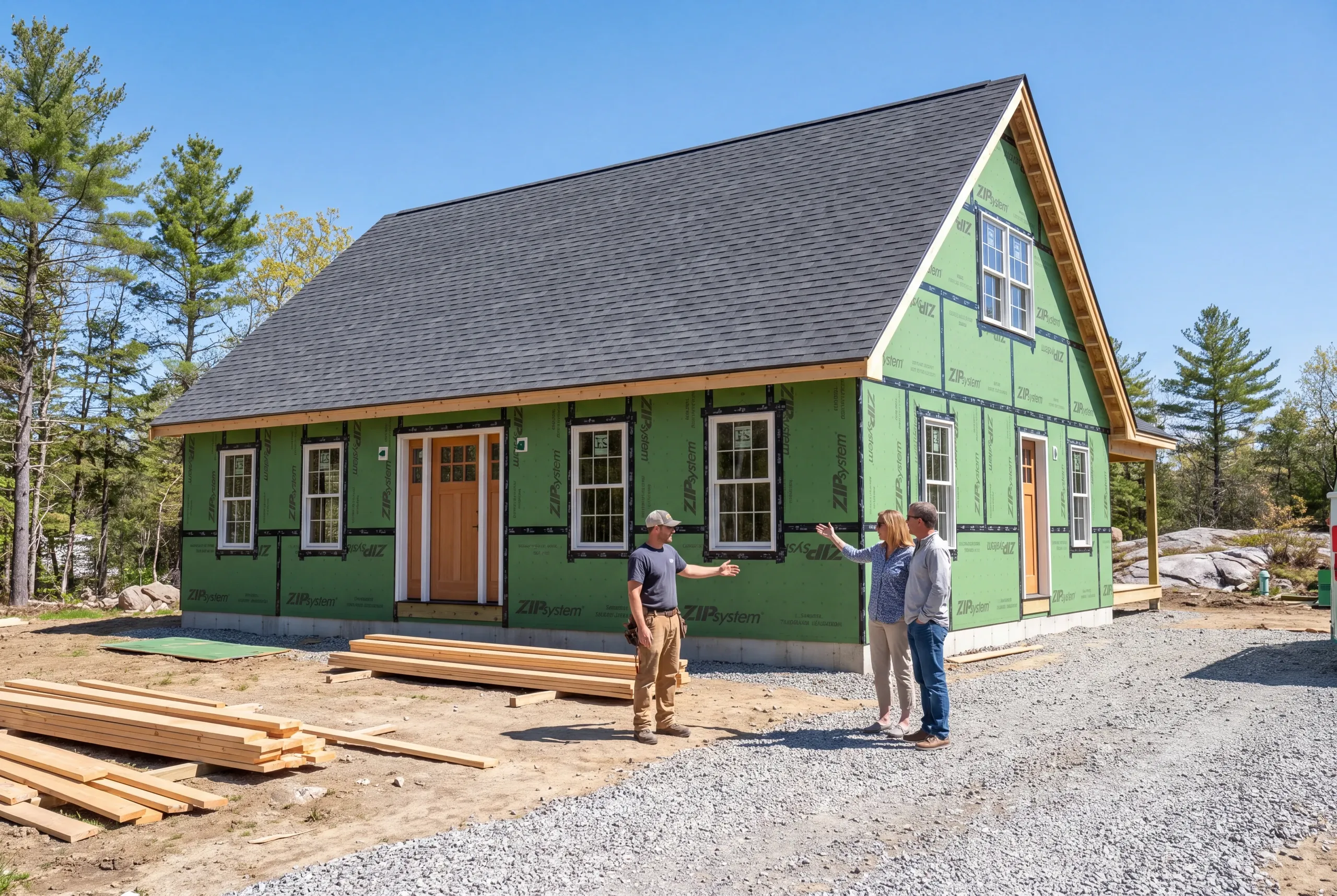 Builder and homeowners reviewing window and massing choices on a Brunswick site