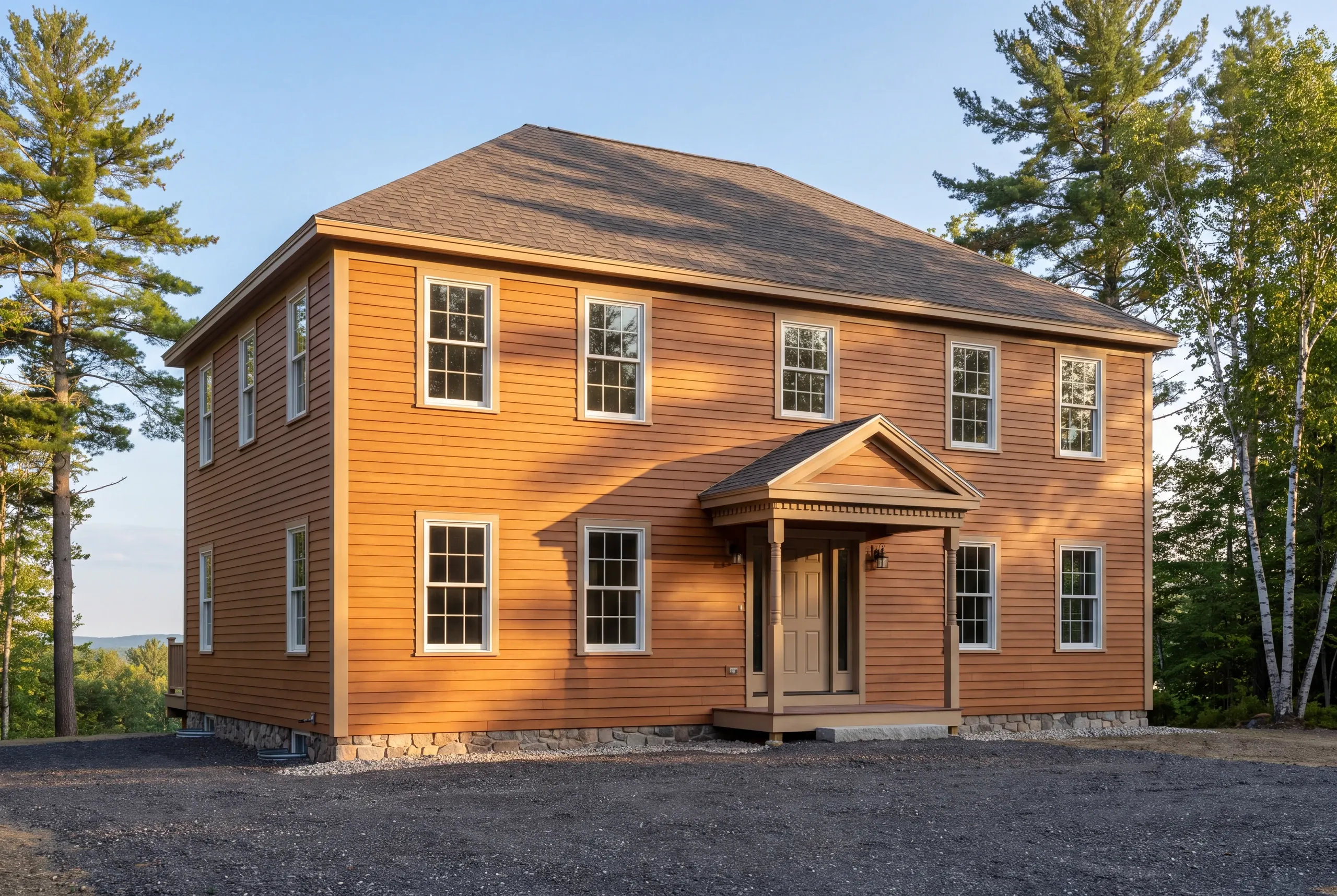 Completed new home with clapboard siding and traditional proportions in Brunswick