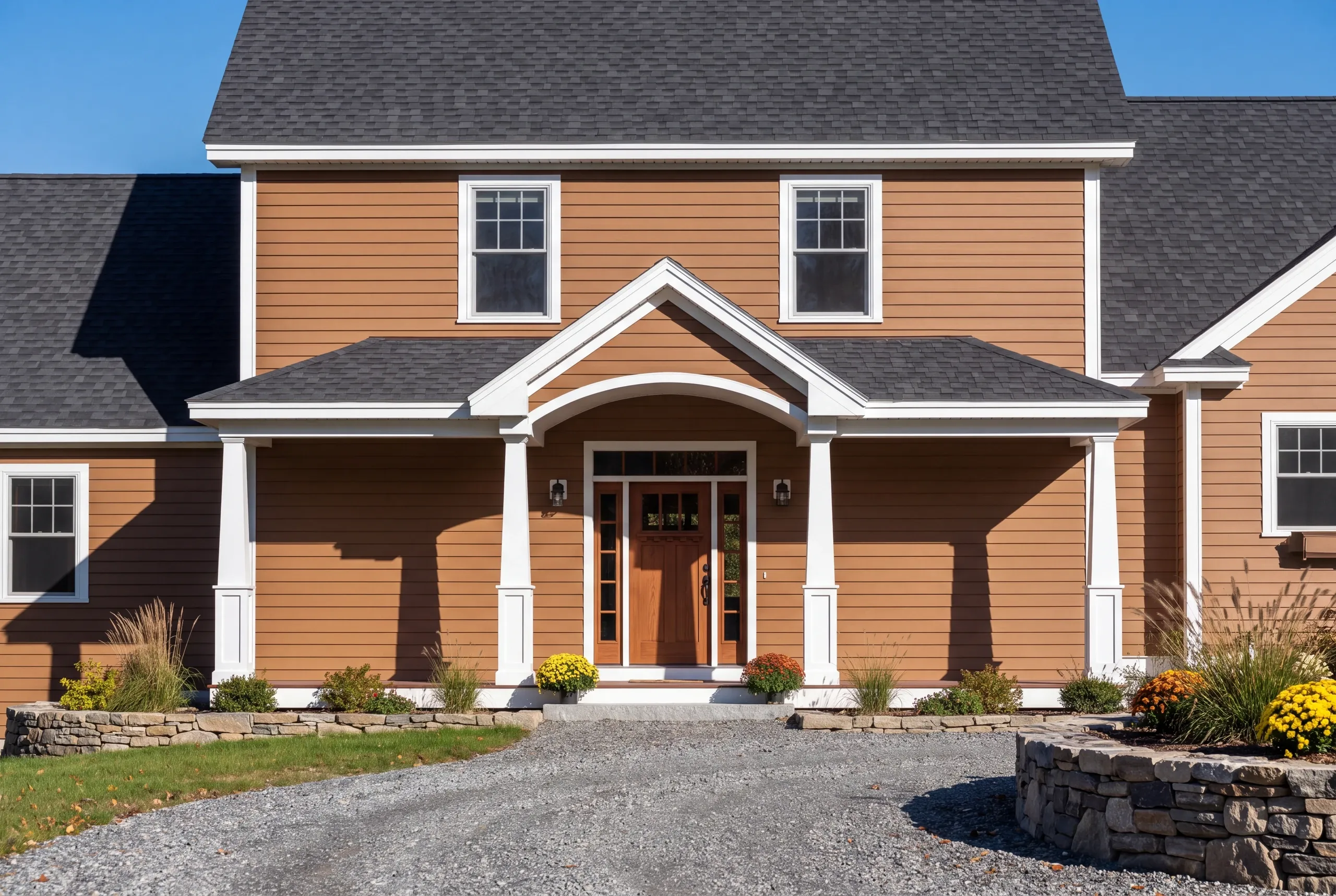 Finished front entry and covered porch of a new Brunswick home