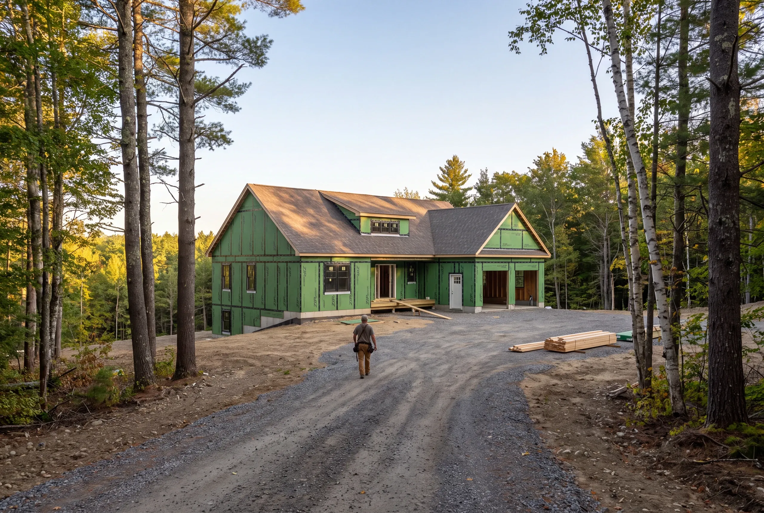 Builder walking a long private drive on a wooded parcel in China, Maine