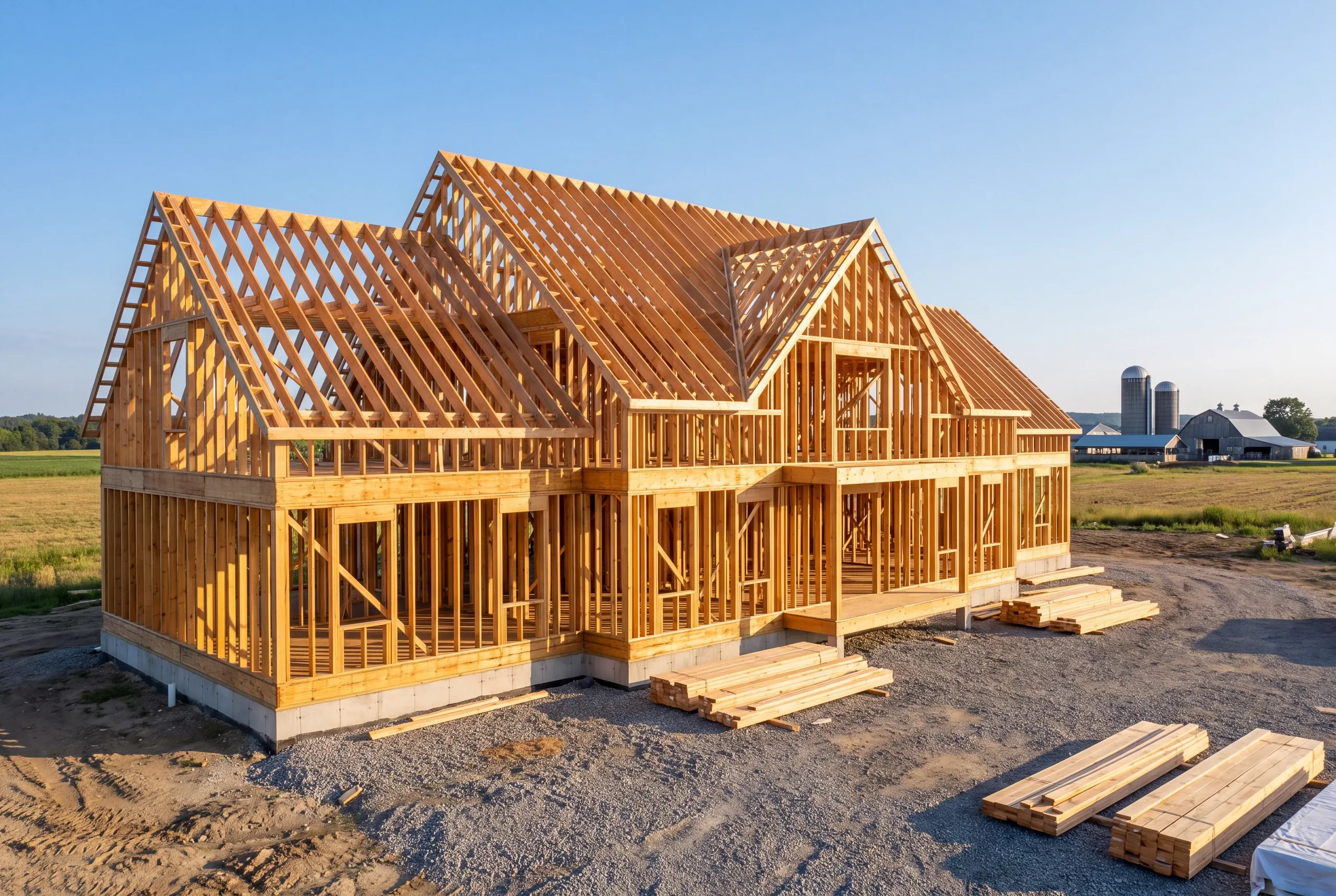 Custom home builder Clinton, ME crew framing a new farmhouse beside working cropland