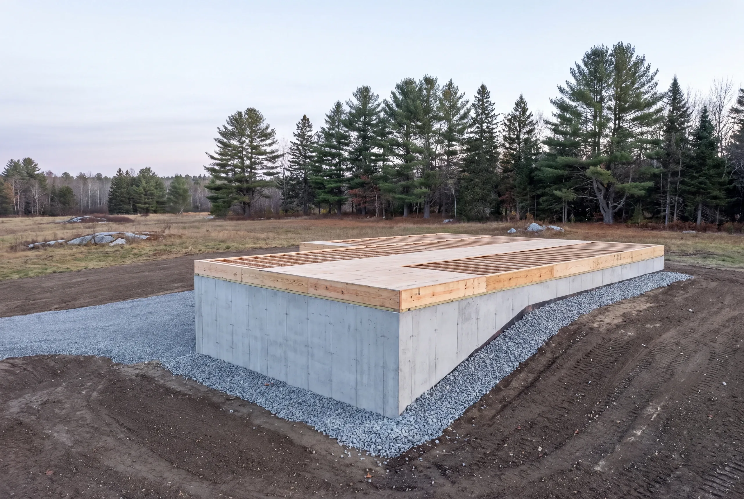 Deep frost footings poured on an exposed farm parcel in Clinton, Maine