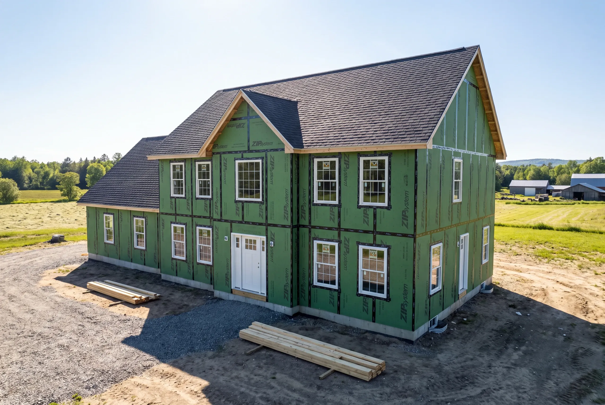 Builder and farm owners choosing a house site on open land near the Sebasticook