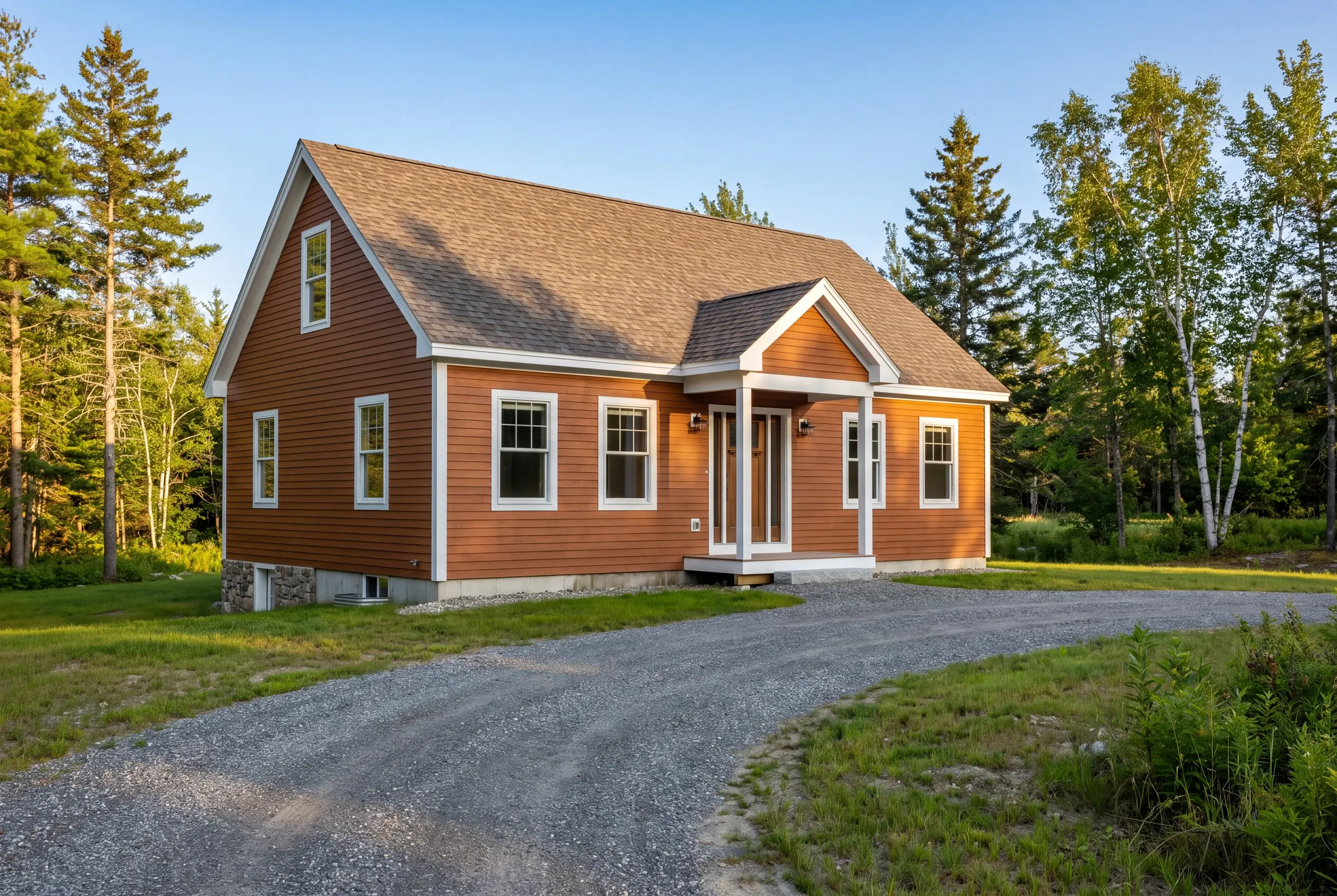 Completed new home with standing seam roof on open acreage in Clinton