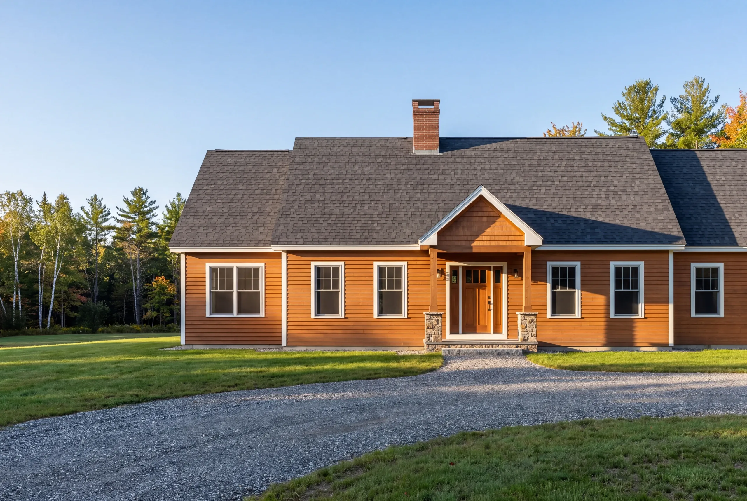Finished custom home in Central Maine, wide view