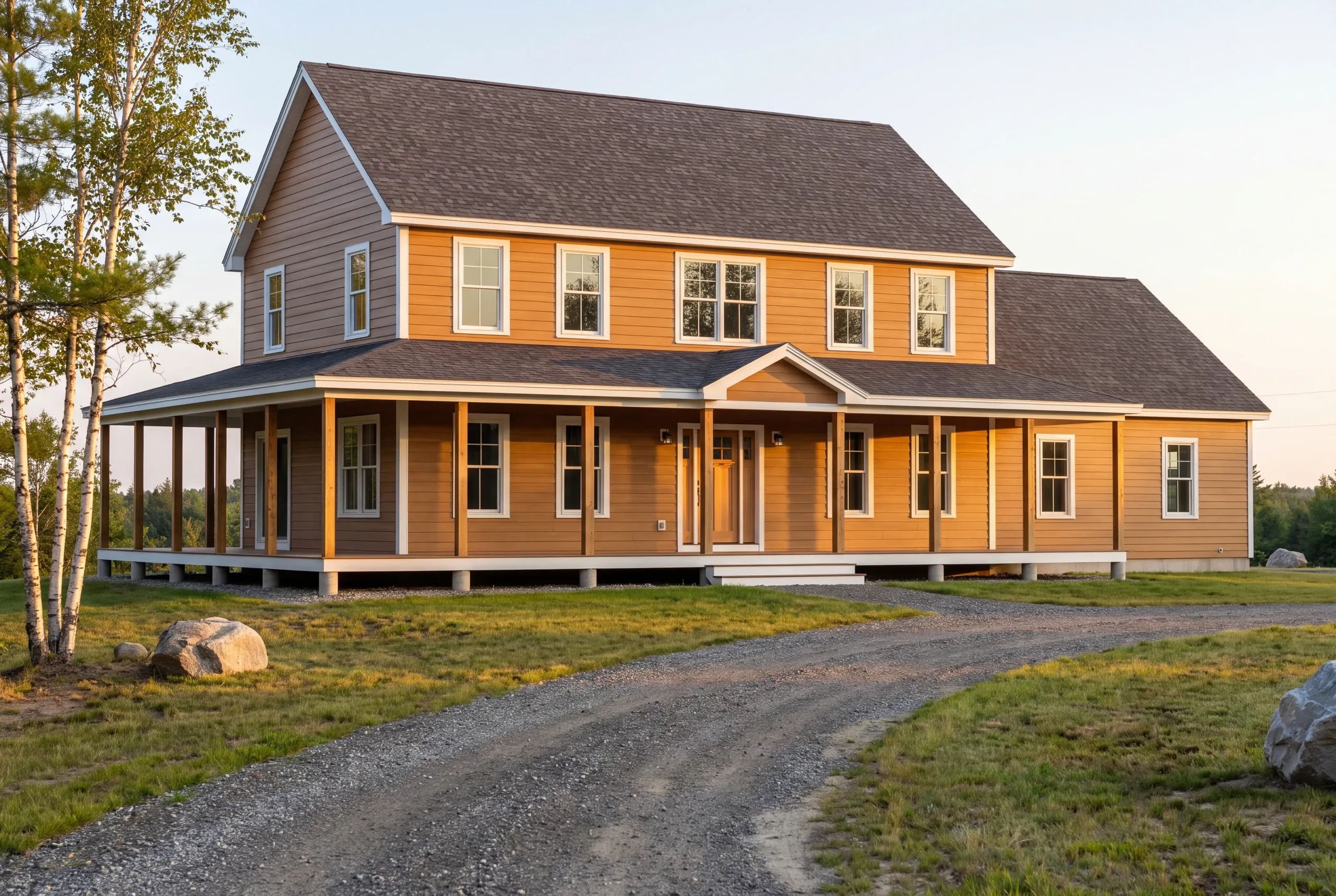 New farmhouse-style home with wraparound porch finished in Fairfield, Maine
