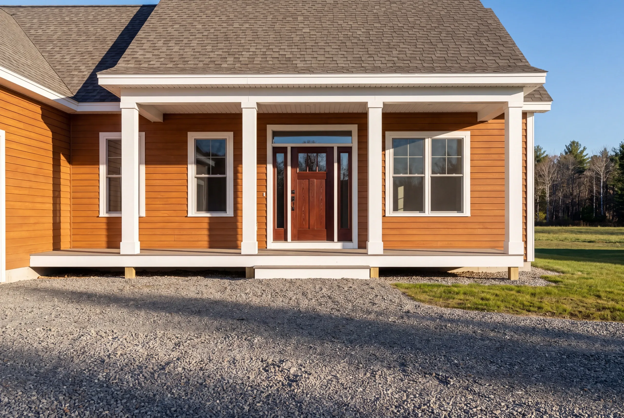 Finished front entry and covered porch of a new Fairfield home