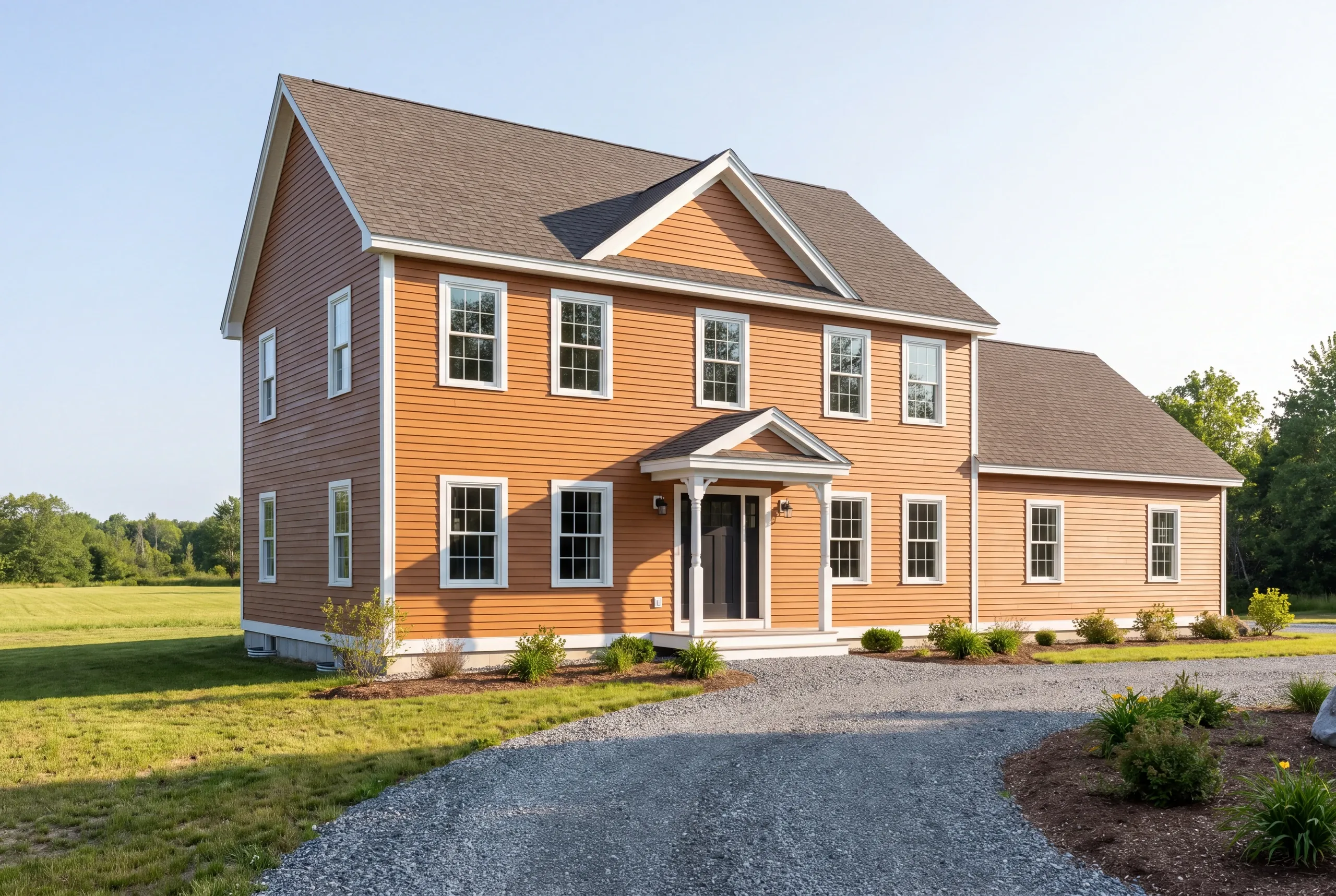 Finished custom home in Fairfield, Maine, wide view