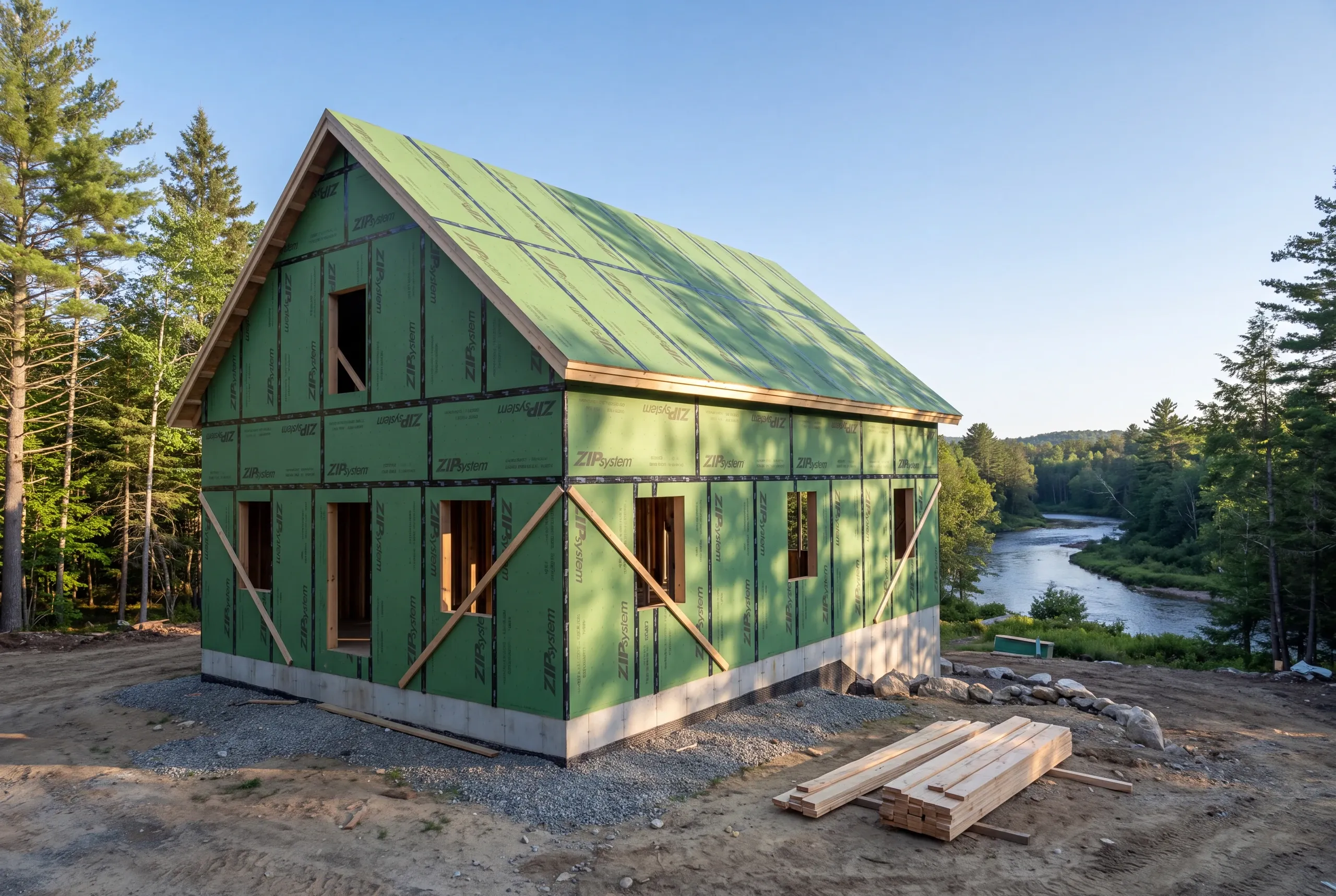 Custom home builder Farmington, ME crew framing a new house on a hillside above the Sandy River