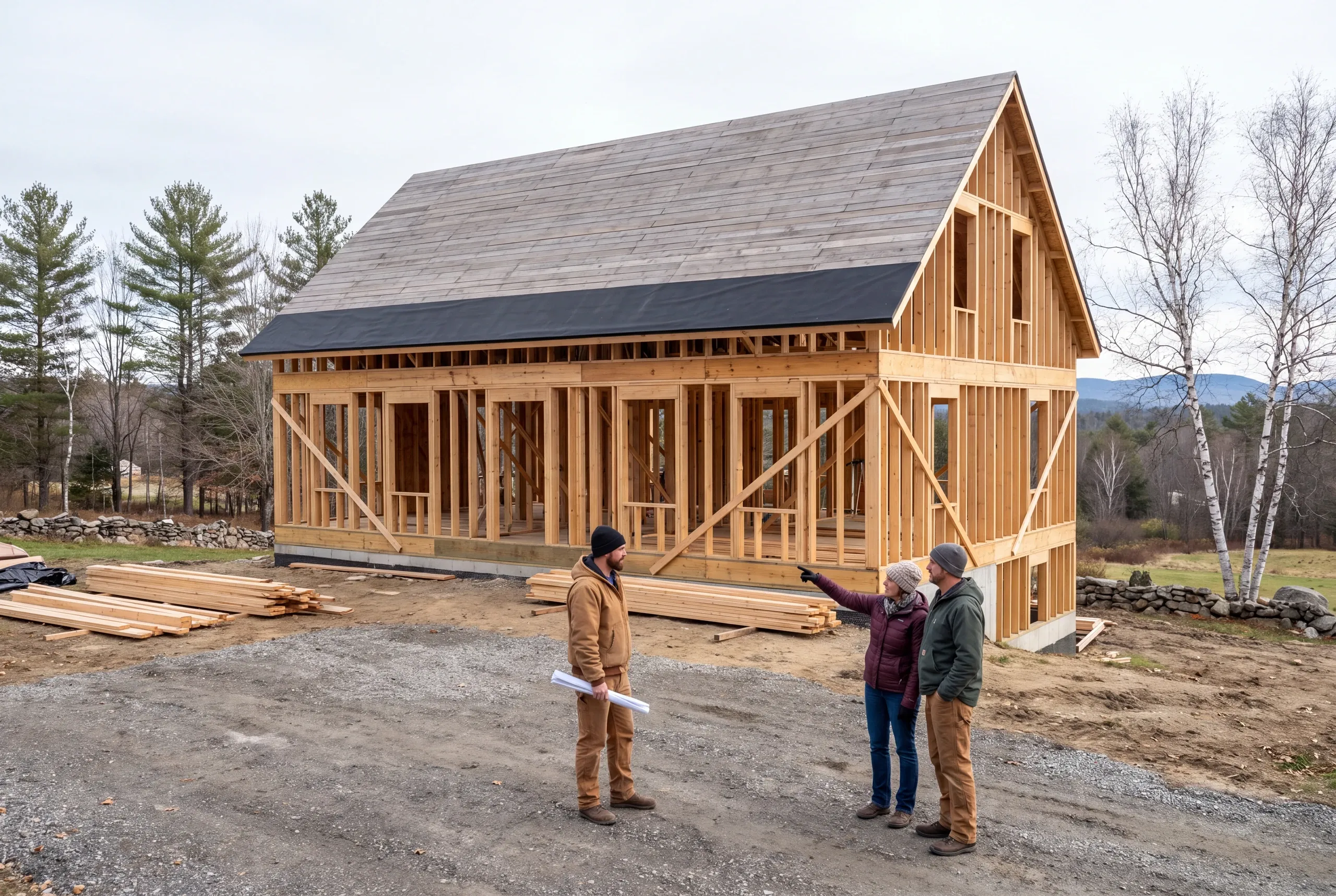 Builder and homeowners reviewing driveway grade on a Farmington hillside lot