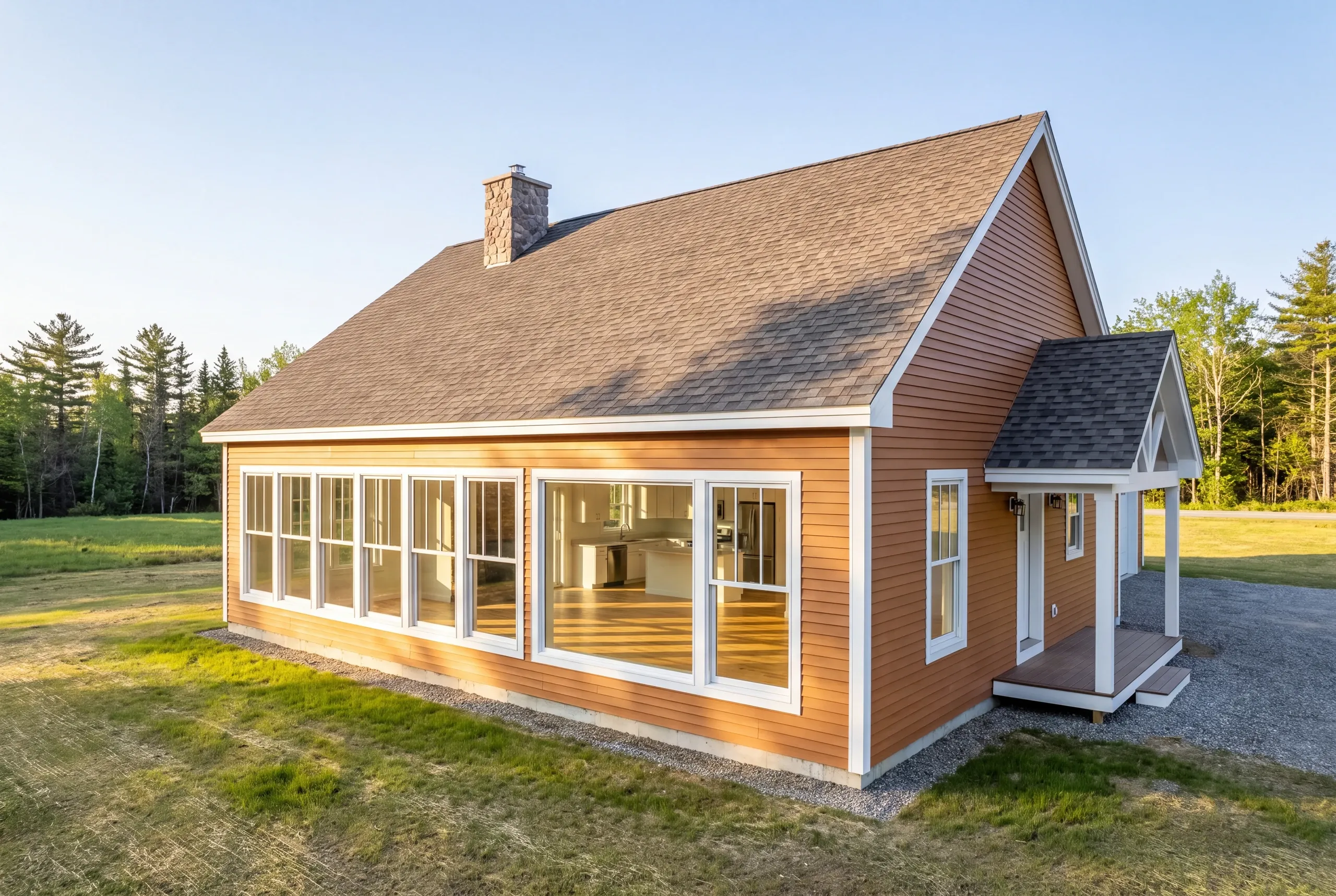 Open kitchen and living room with mountain views in a new Farmington home