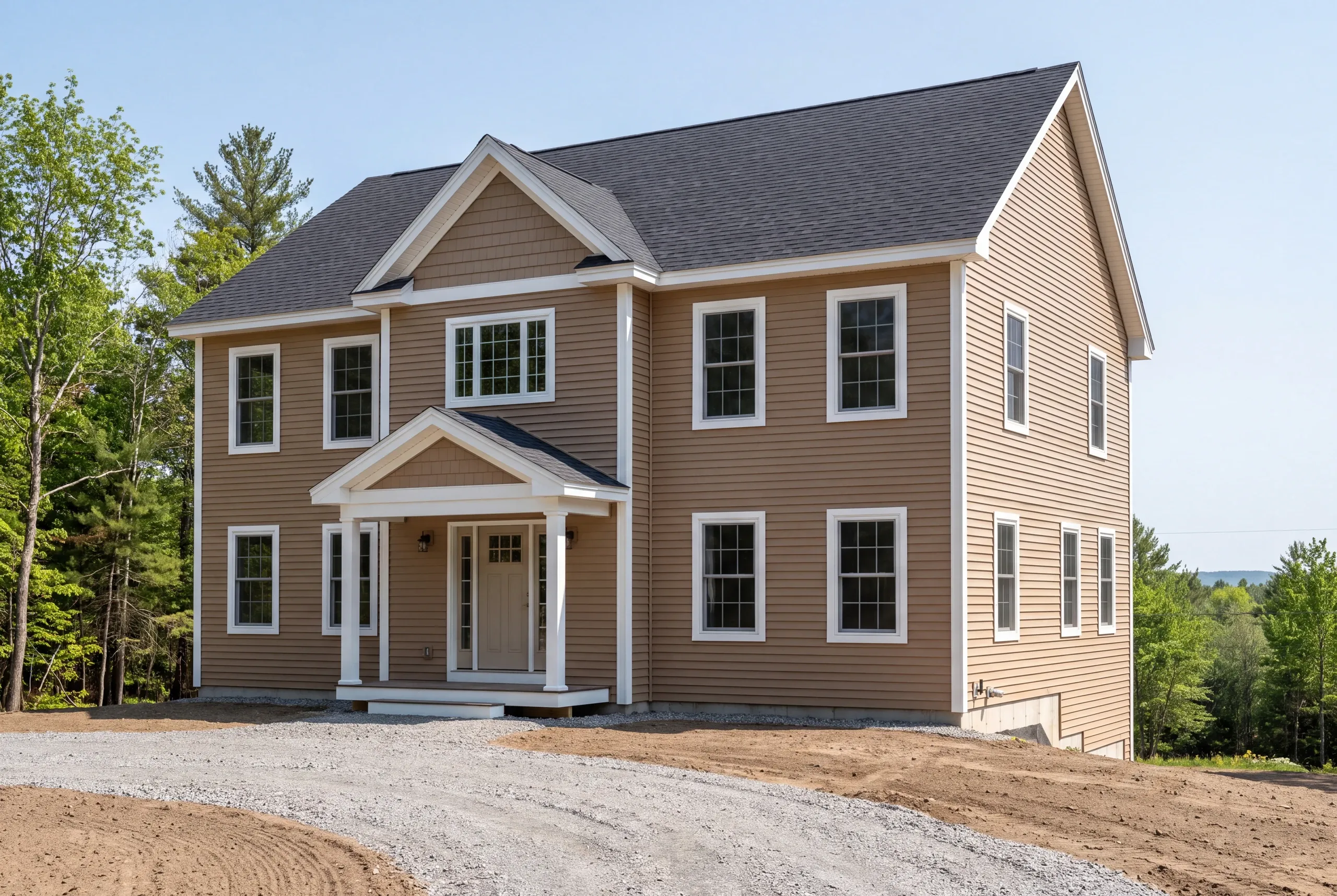 Completed new home with steep snow-shedding roof in Franklin County, Maine