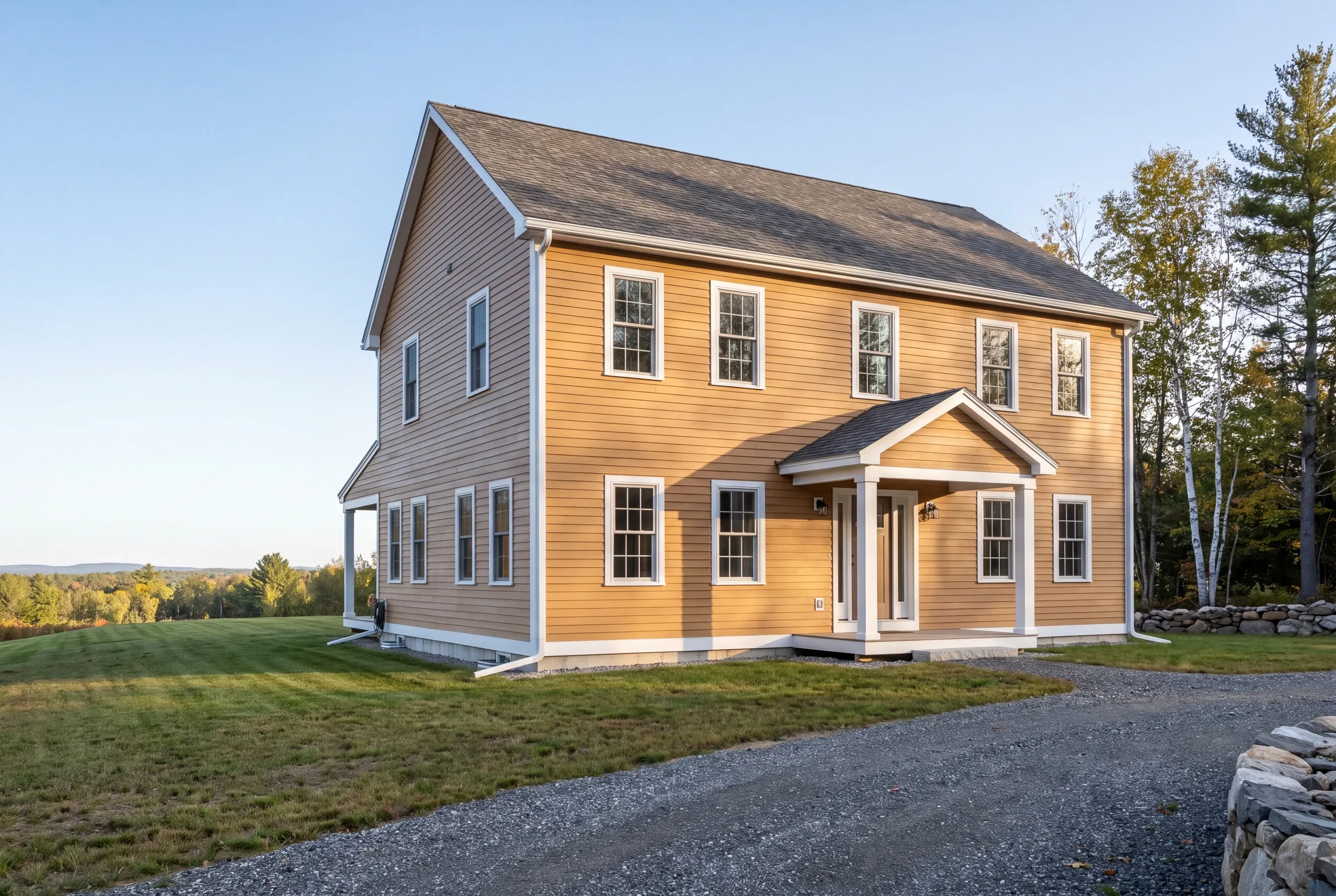 Finished custom home in Farmington, Maine, wide view