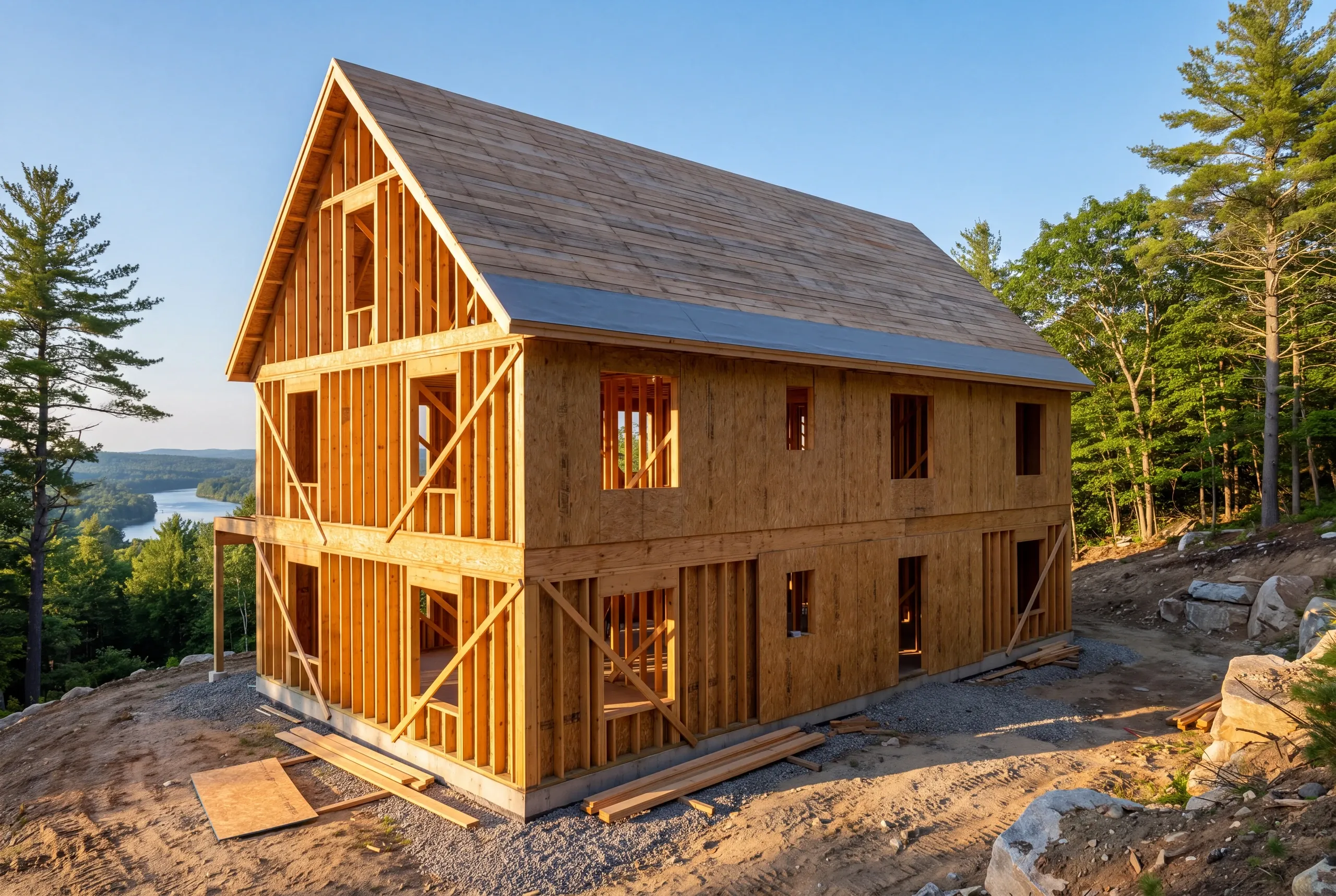 Custom home builder Gardiner, ME crew framing a gable end on a hillside lot above the Kennebec