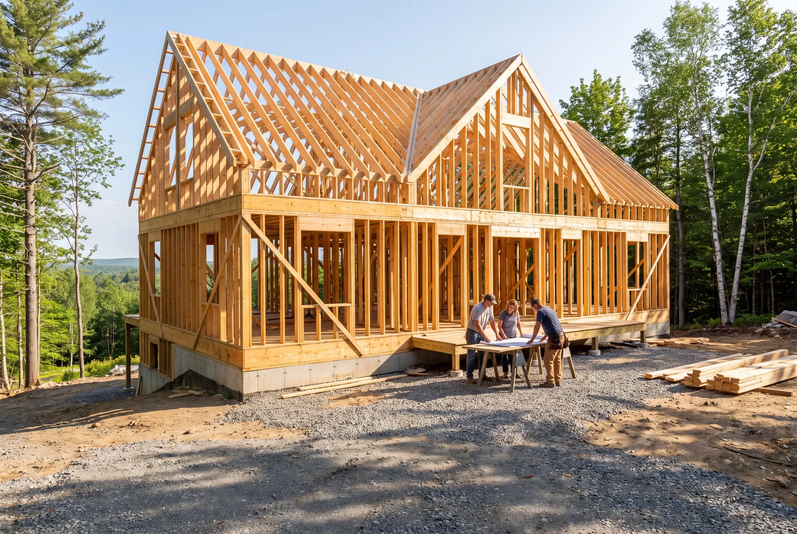 Homeowners and builder reviewing a site plan on a wooded parcel near West Gardiner