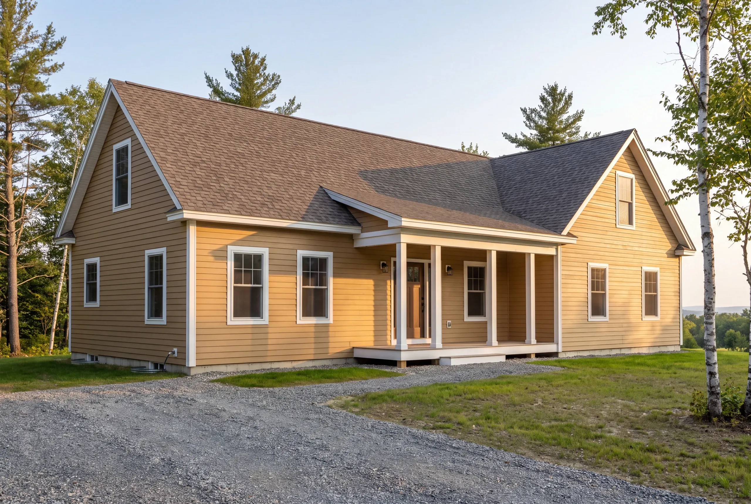 Completed new home with clapboard siding and a deep entry porch in Gardiner