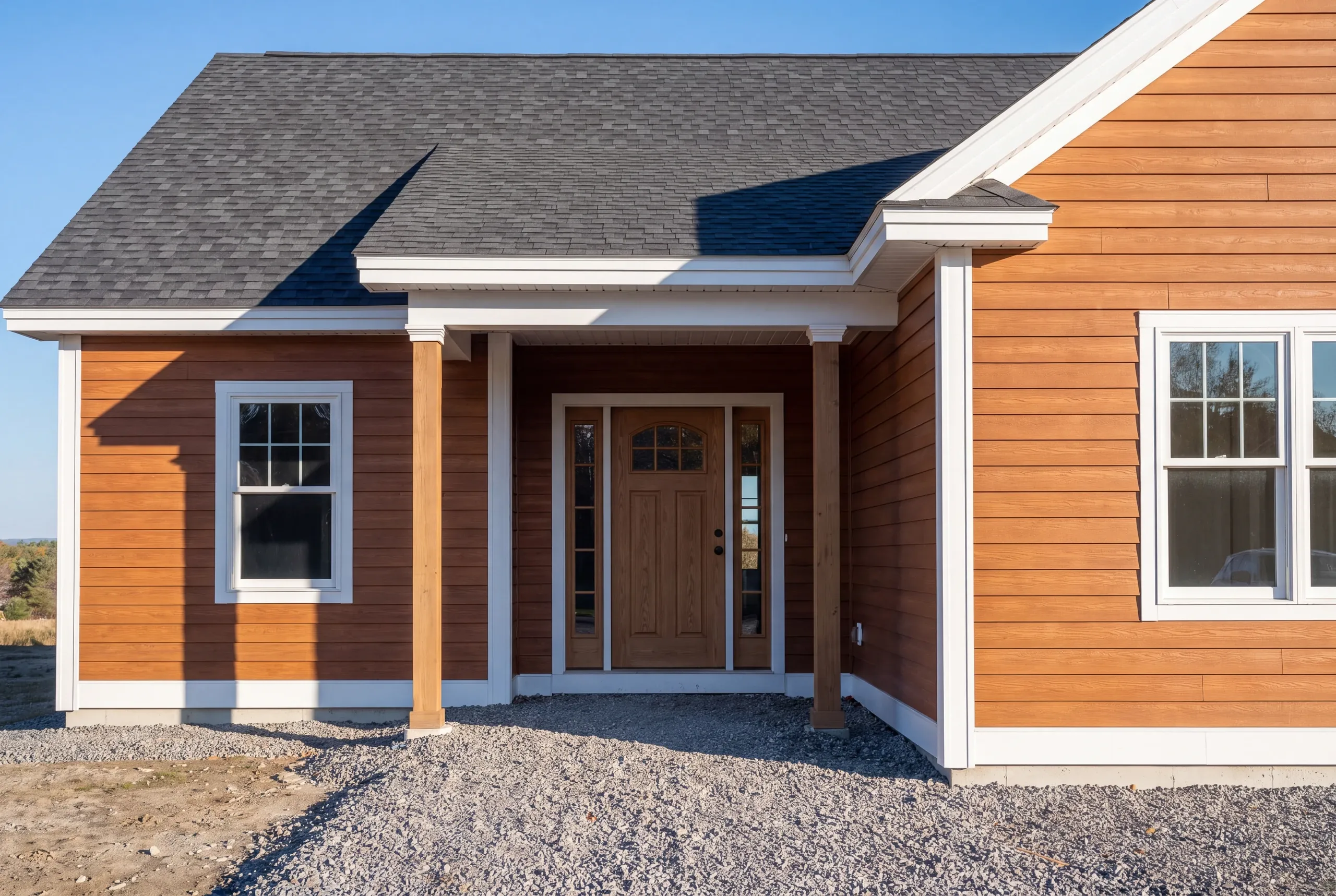 Finished front entry and covered porch of a new Gardiner home