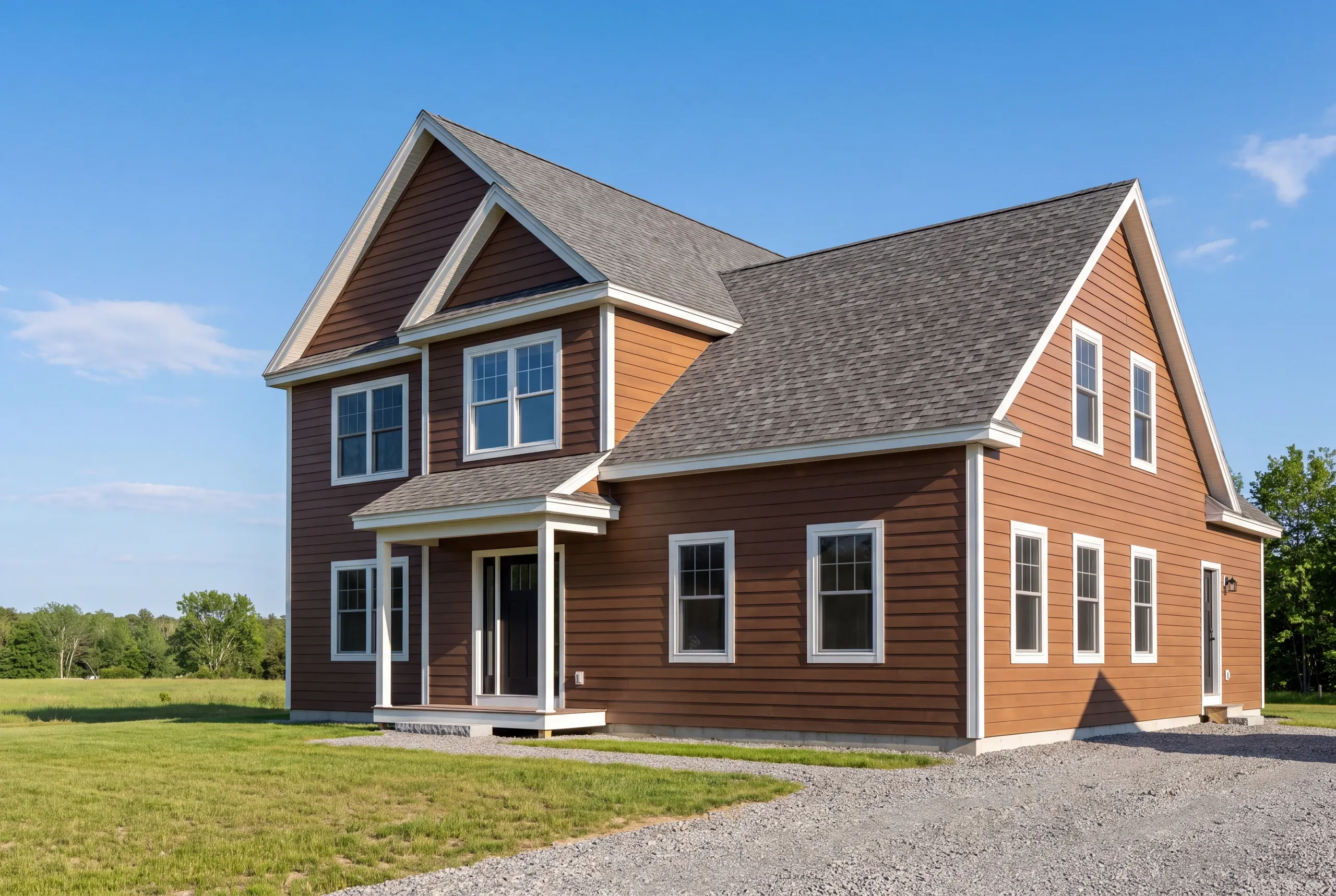 Finished custom home in Gardiner, Maine, wide view