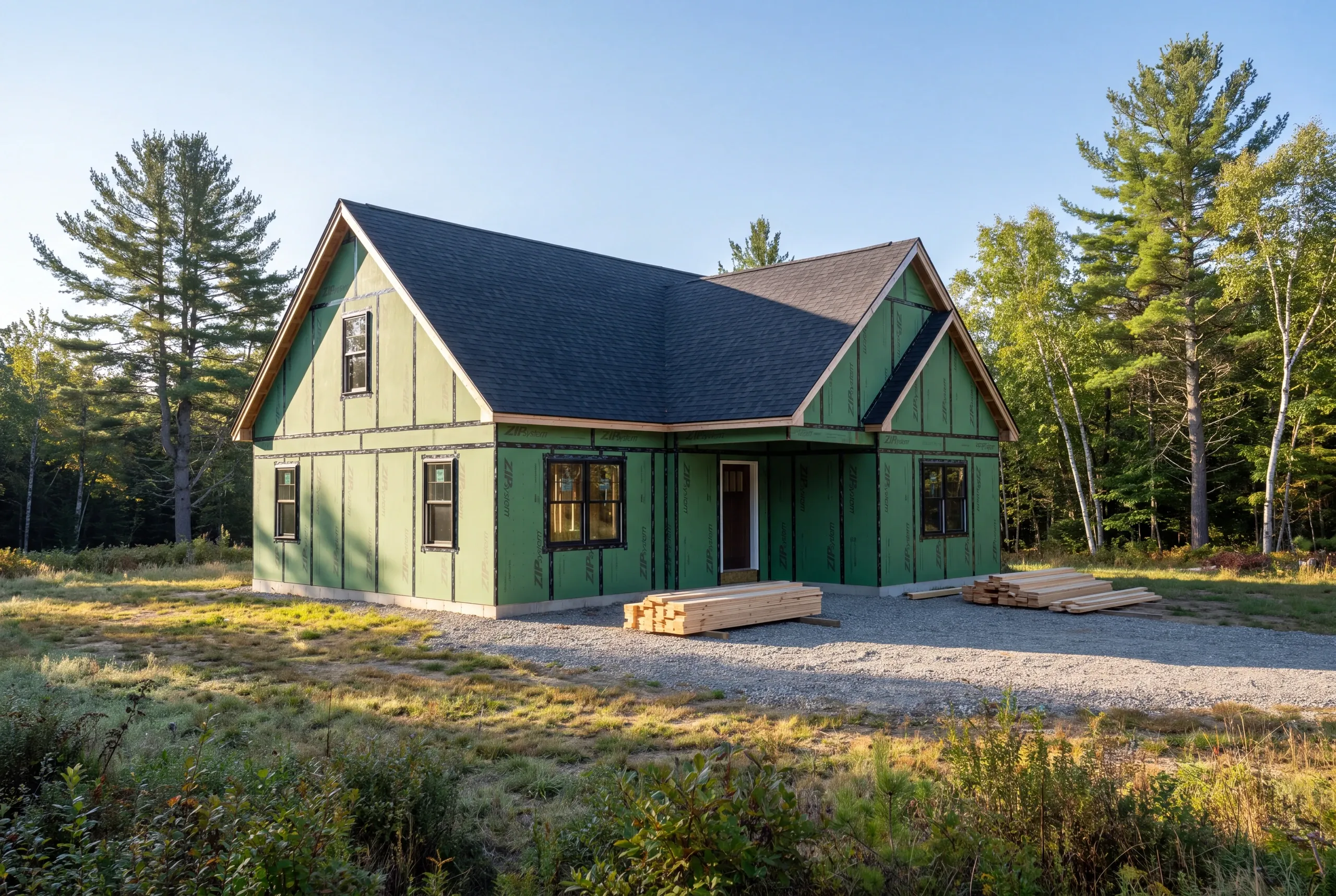 Custom home builder Greene, ME crew framing a new house on open acreage between Lewiston and Augusta