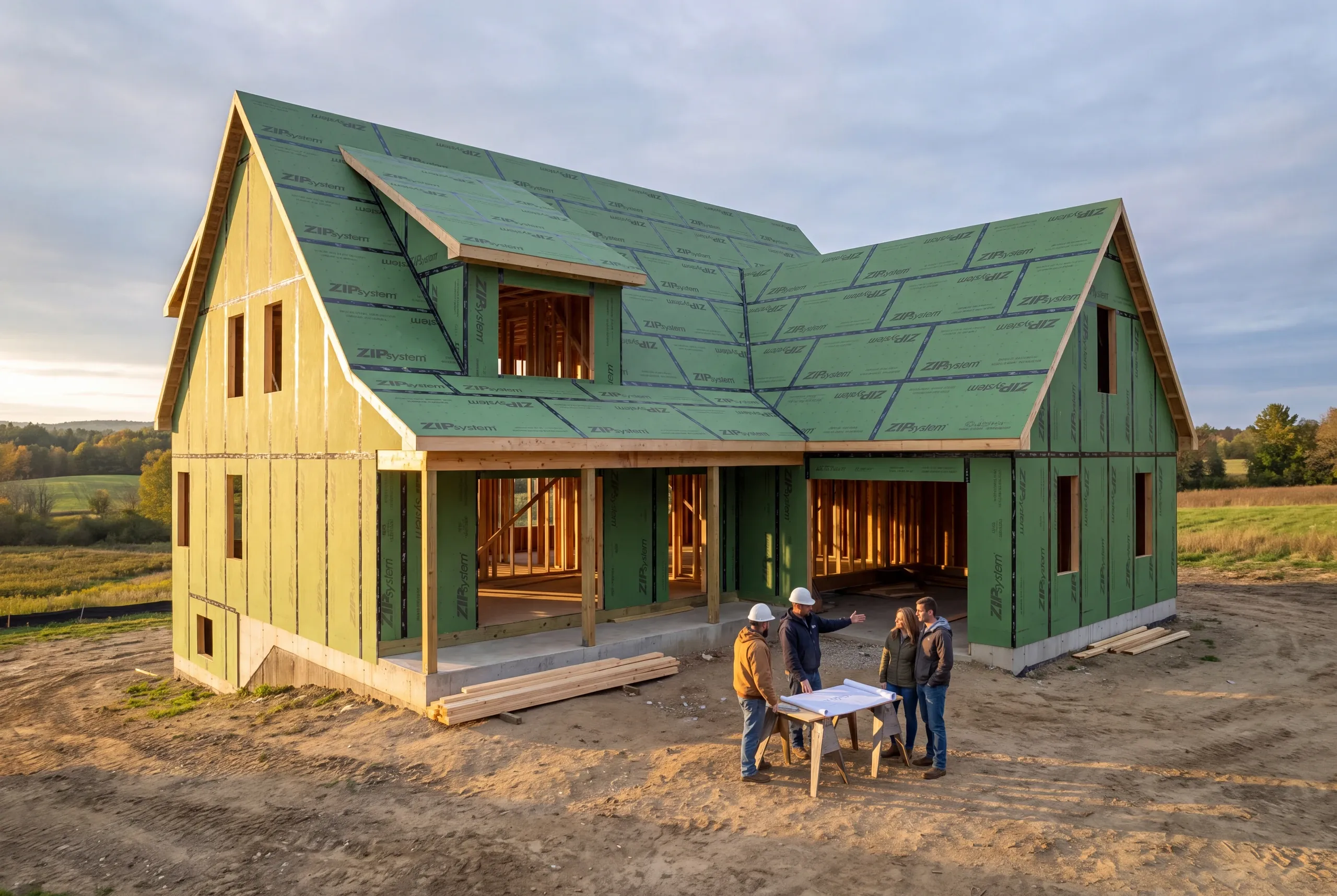 Builder and homeowners choosing a house site on open farmland in Greene