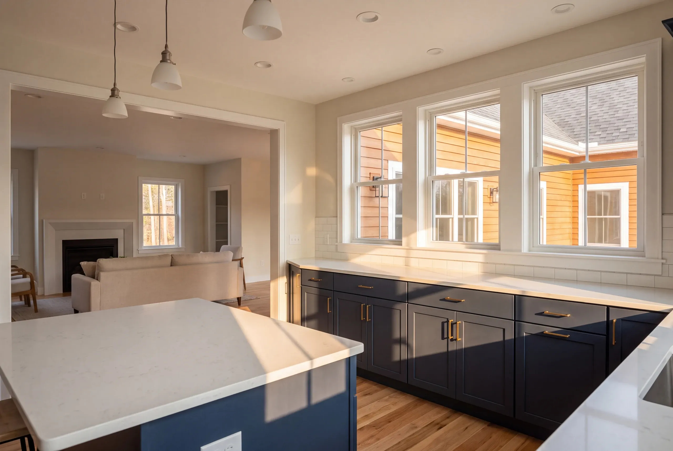 Open living and kitchen space in a newly finished Greene home