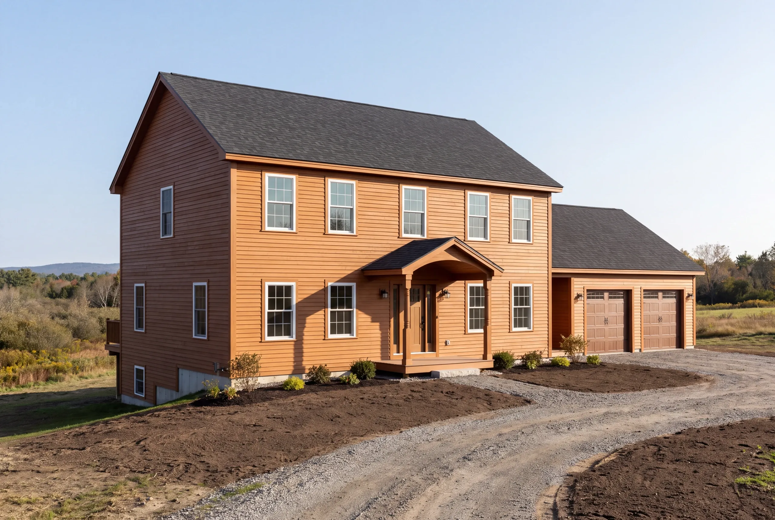 Completed new home with attached garage on open land near Allen Pond in Greene