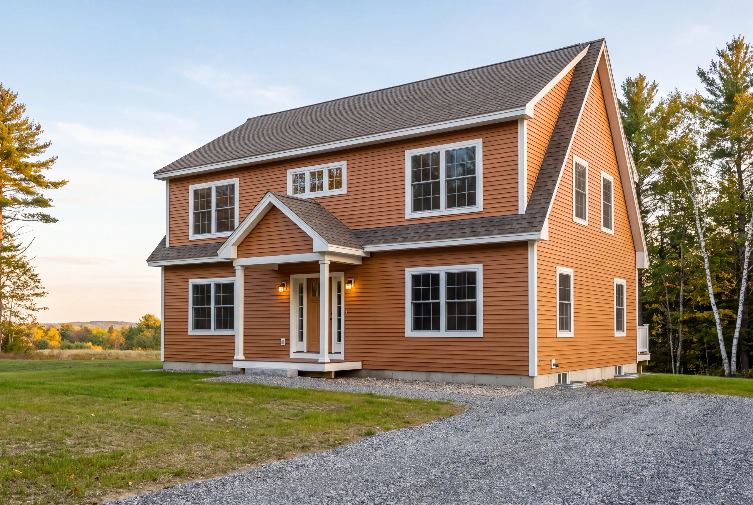 Finished custom home in Greene, Maine, wide view
