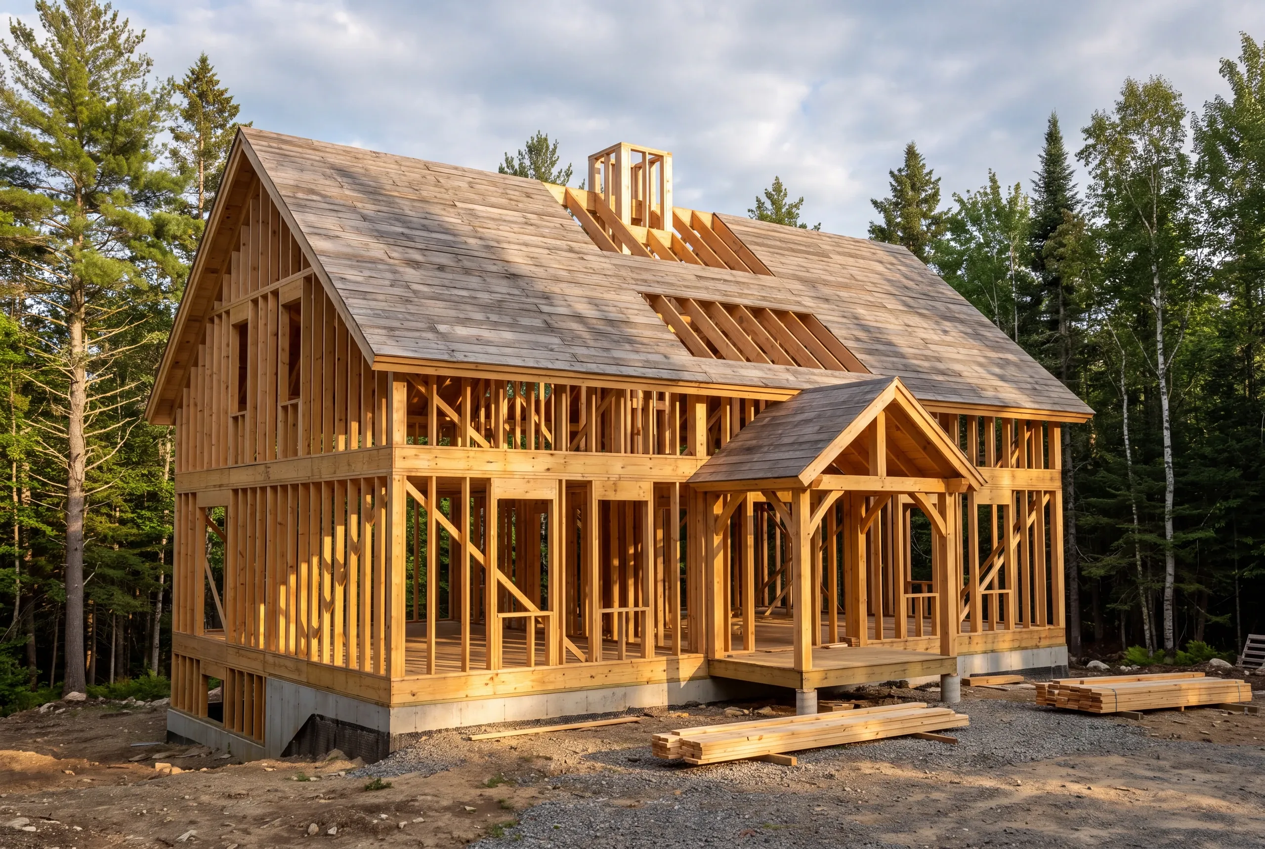 Custom home builder framing a new house on a wooded Central Maine lot