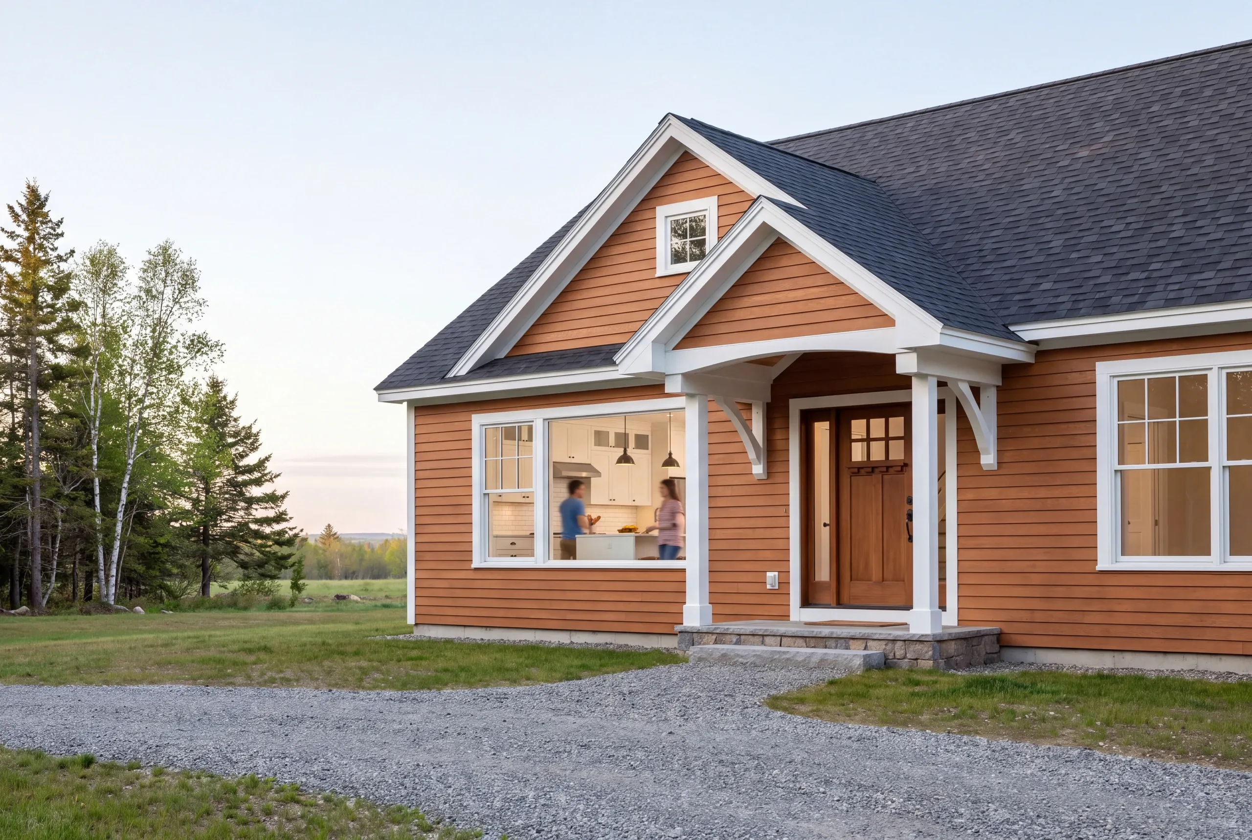 Interior of a newly built Maine home with people in the kitchen