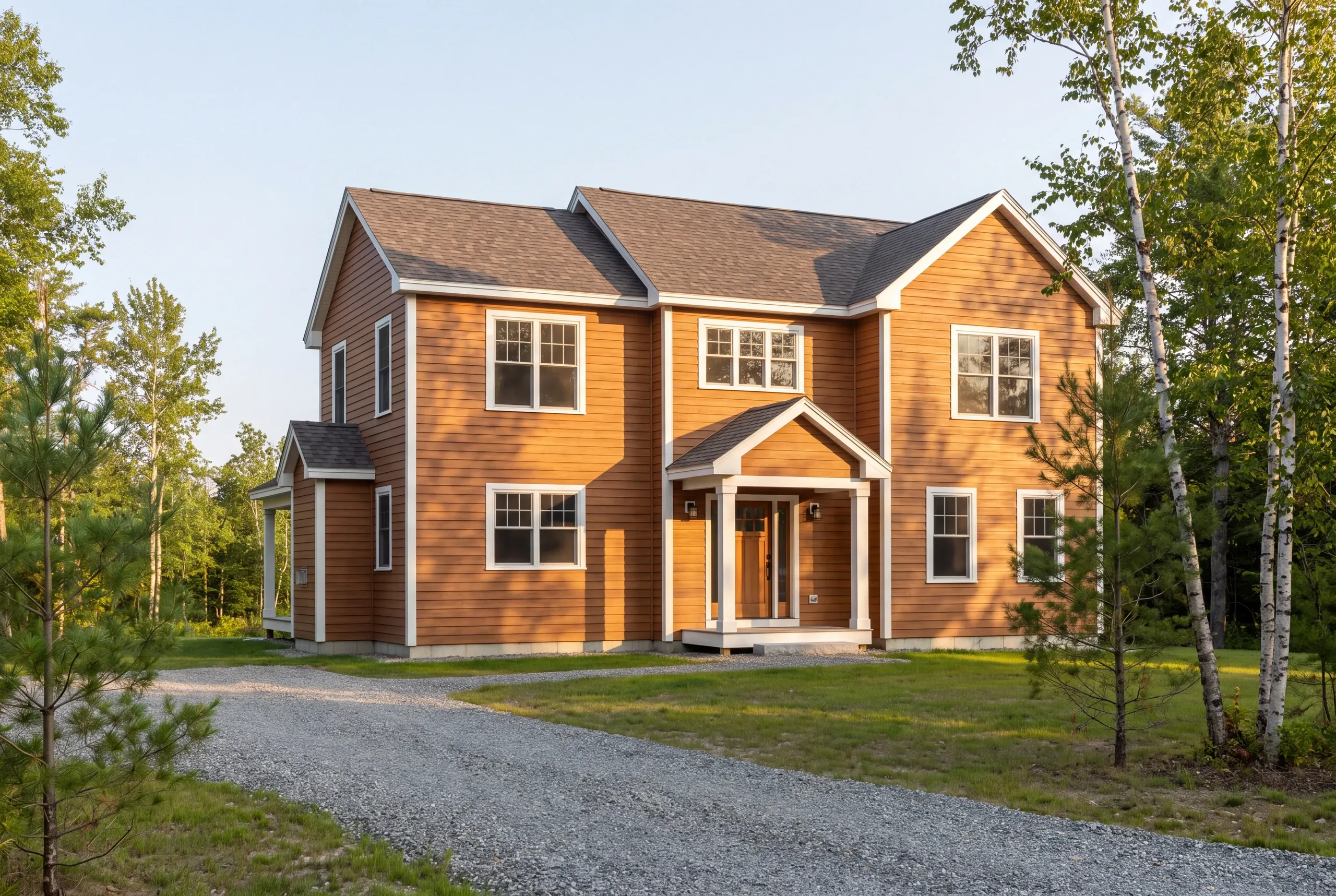 Finished custom home exterior in real Maine winter light
