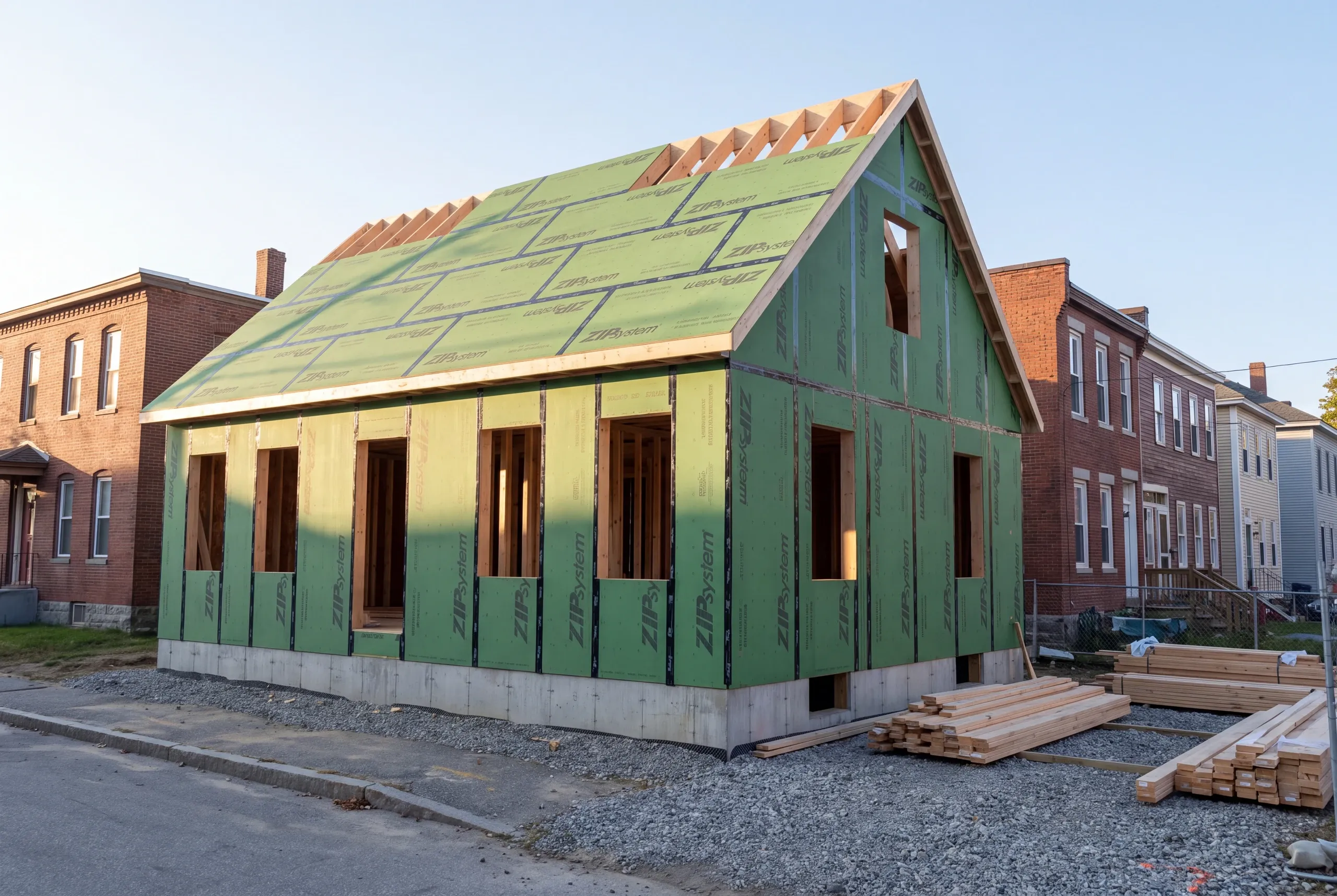 Custom home builder Lewiston, ME crew framing a new house on an infill lot near the Androscoggin